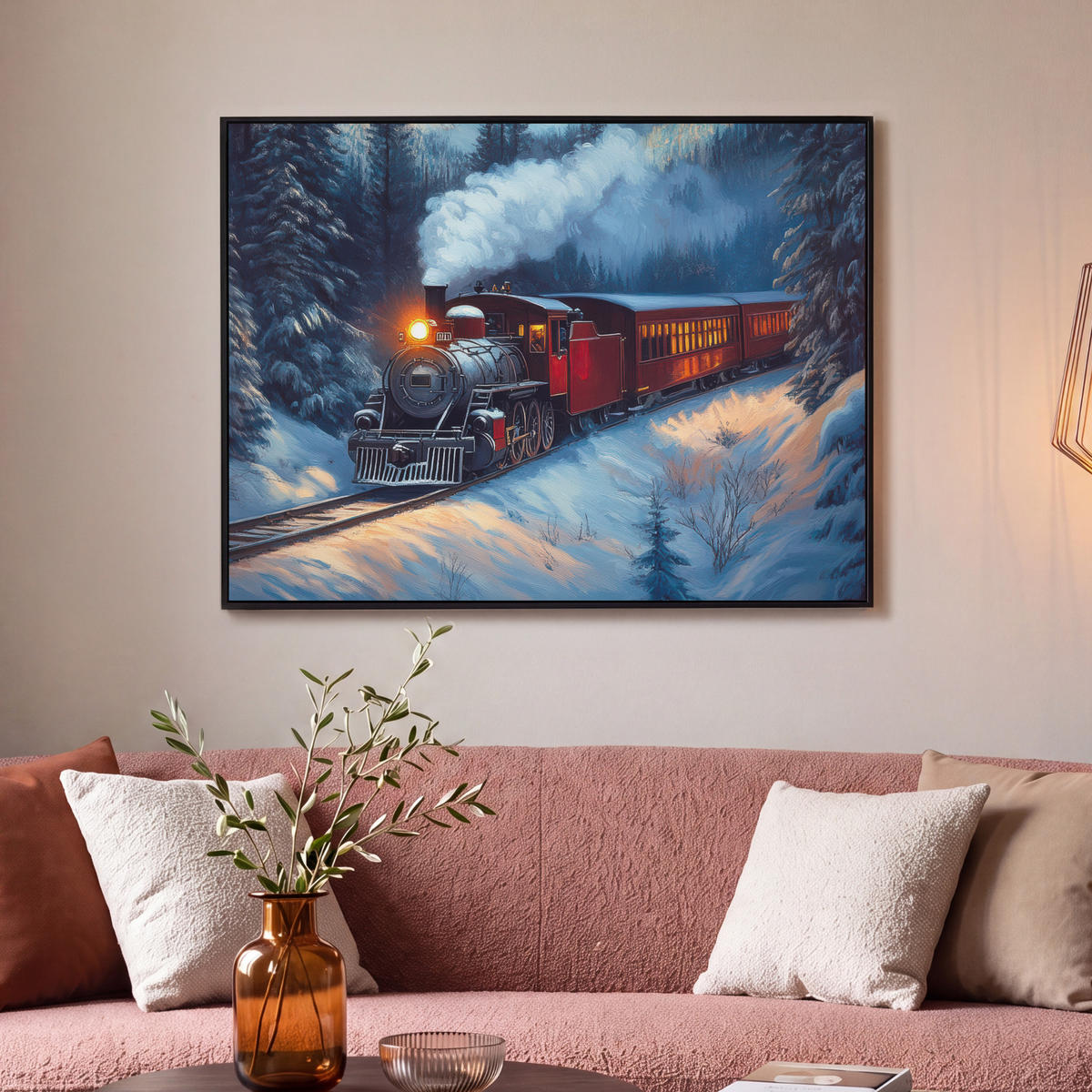LEINWAND Bilder mit Rahmen - Zug - Weihnachten - Schnee - Weihnachtszug - 100x70 - Anthrazit, Textil (100/70cm) - MuchoWow