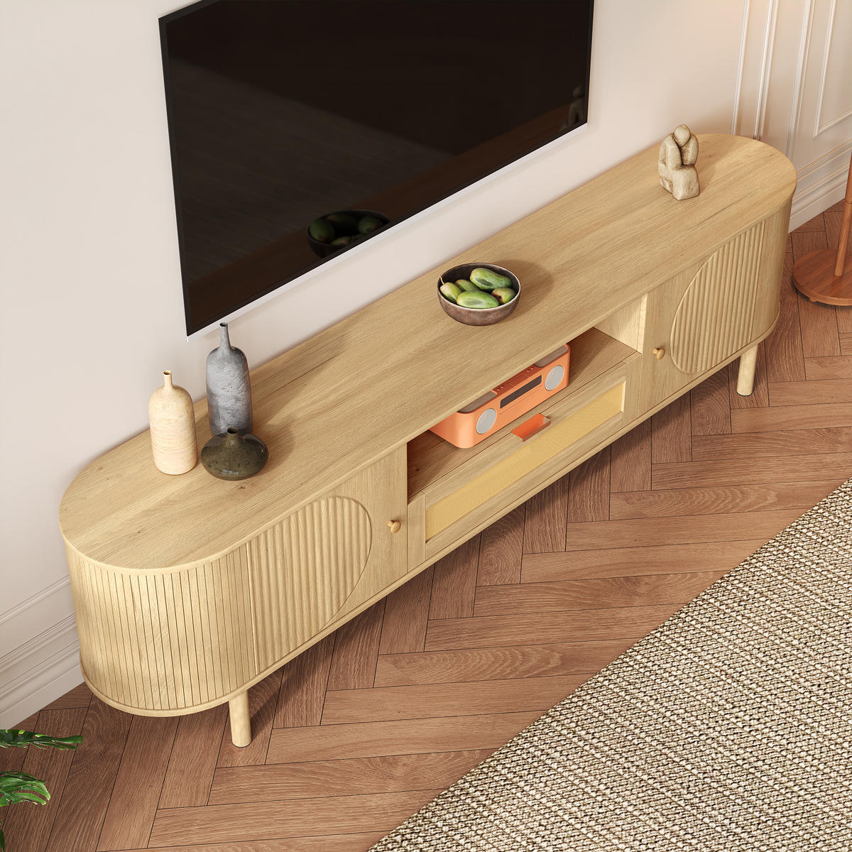 TV-ELEMENT175X36X51CM RattanHolzoptik Modernes TVLowboard Abgerundet - Naturfarben, Holz (43.82/15.24/80.01cm) - Raelunyi