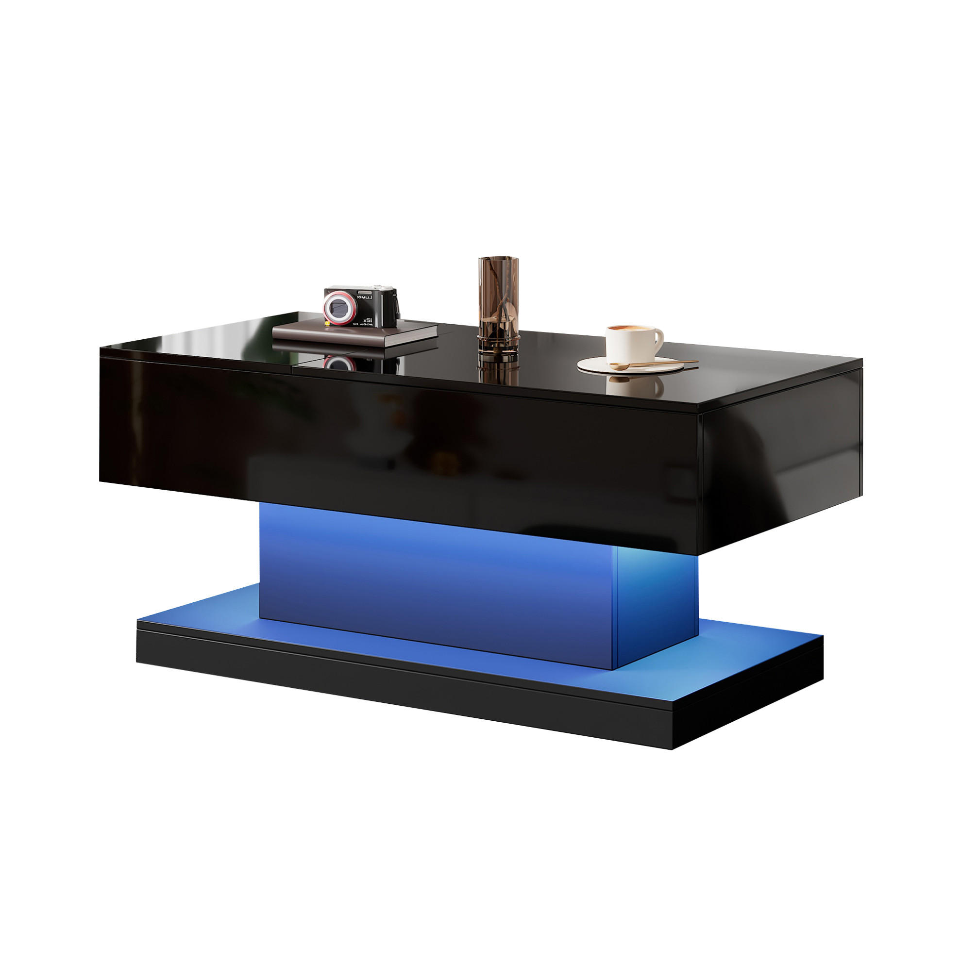 KONFERENČNÍ stolek, 100/50/45 cm, černý, s hydraulickým zdvihem, posuvnou deskou a LED - černá, kompozitní dřevo (100/50/45cm) - BEAOK
