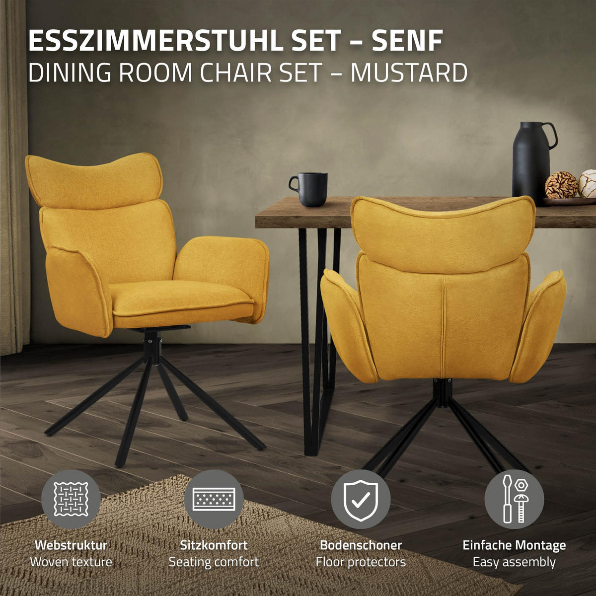 JÍDELNÍ ŽIDLE, sada 6 ks, otočné, hořčičná, s látkovým potahem - černá/žlutá, kov/textil (63/89/68cm) - ML-DESIGN