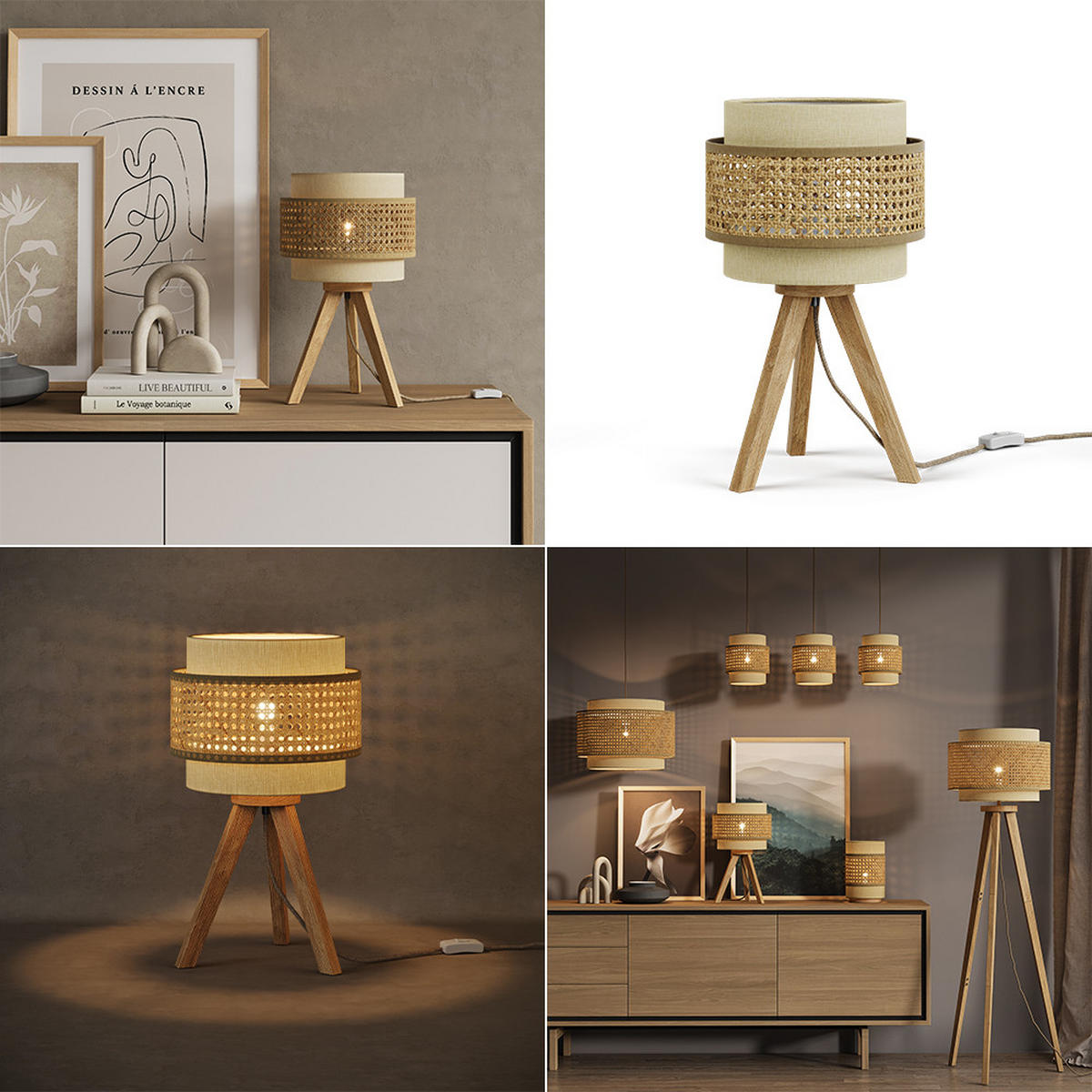 TISCHLAMPE Morten Rattan/Creme 26 x 45 cm mit Standfuß - Creme/Braun, Holz (26/26/45cm) - Vicco