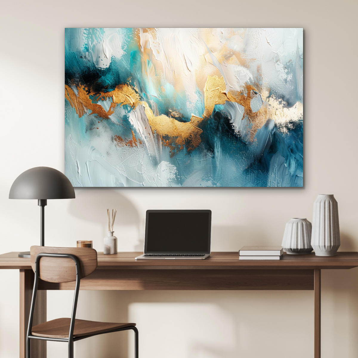 METALLBILD Abstrakt - Kunst - Gold - Blau 120x80 cm - Petrol, Metall (120/80cm) - MuchoWow