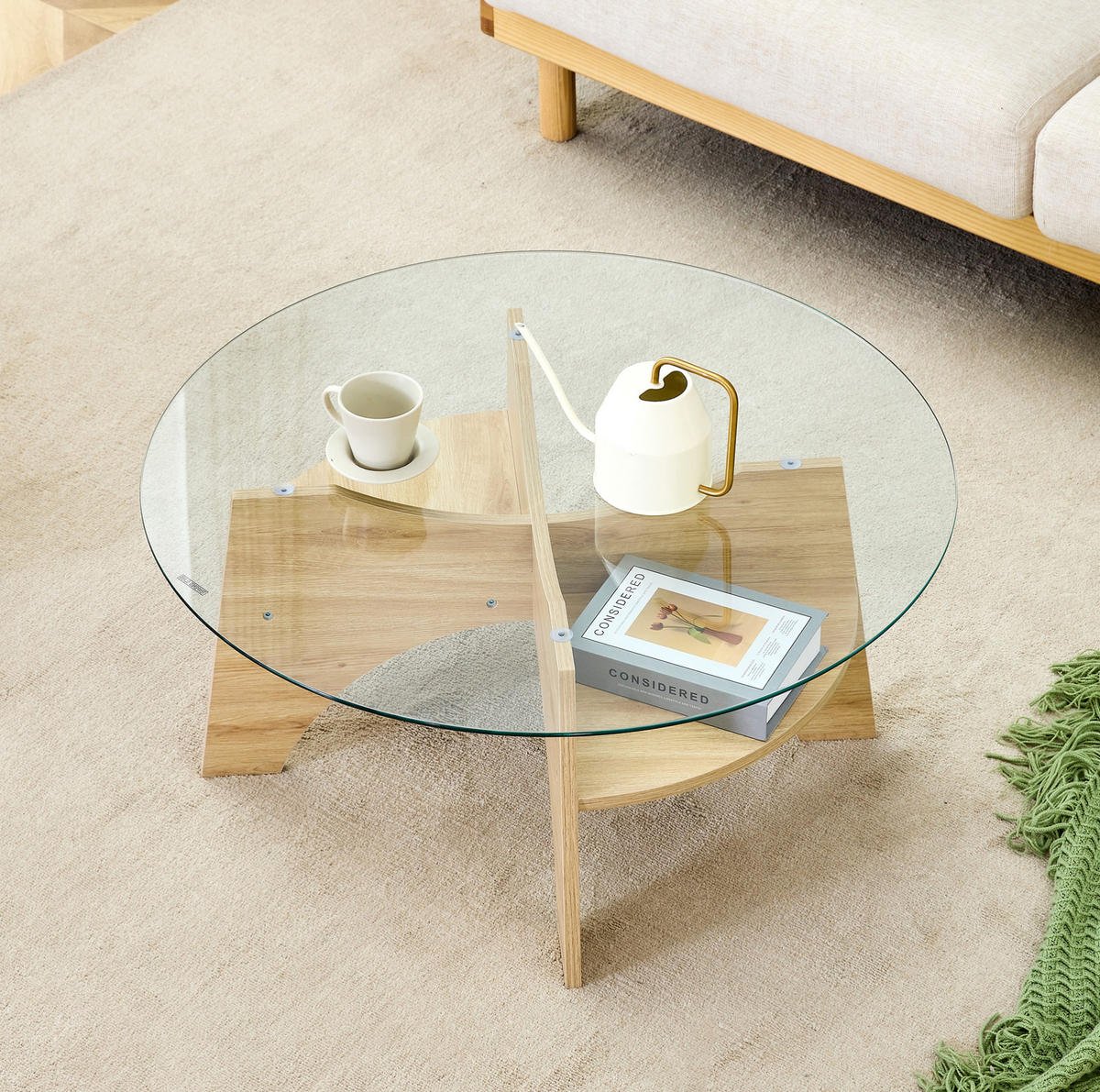 COUCHTISCH 80/36 cm transparent Naturholz aus MDF und Sicherheitsglas mit fächerförmigem Gestell - Naturfarben, Holzwerkstoff (80/80/36cm) - OKMYHOME