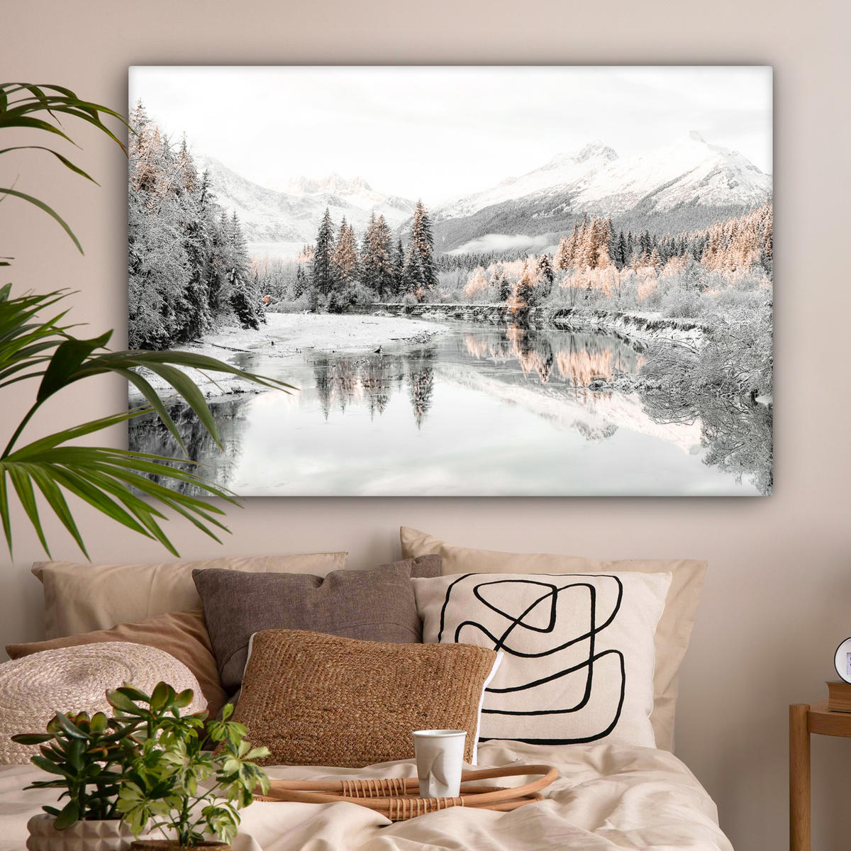 LEINWANDBILD Natur - Winter - Bäume - Berge - Schnee Wohnzimmer 120x80 cm - Weiß Hochglanz, Textil (120/80cm) - MuchoWow