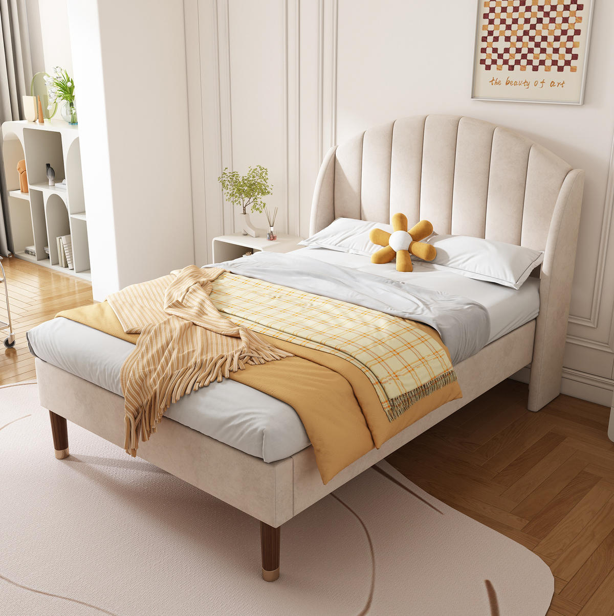 POLSTERBETT 90/200 cm mit Lattenrost, hohem Kopfteil und Holzfüßen aus Samt, Beige - Beige, Textil (90/200cm) - Redom