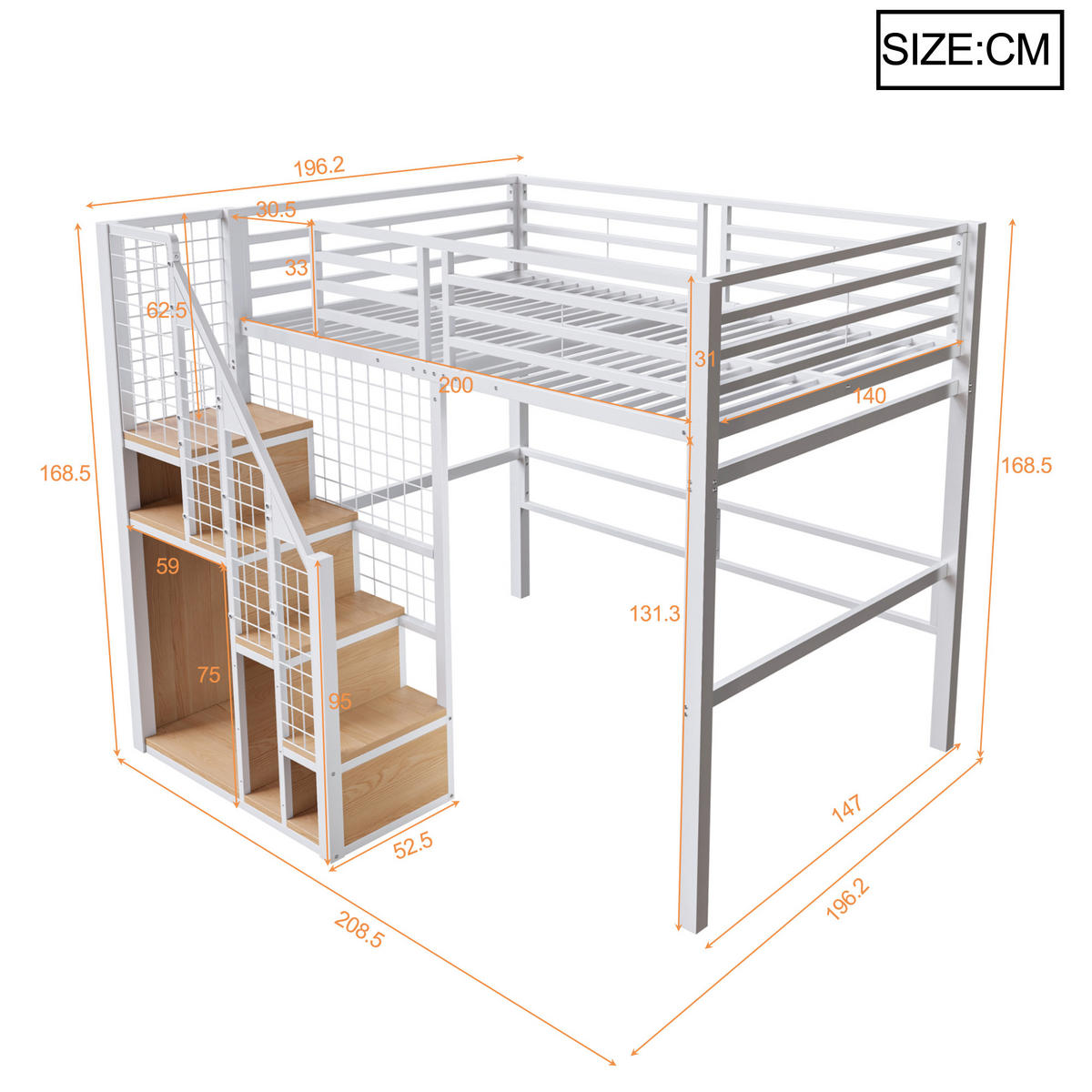 HOCHBETT aus Metall 140x200 cm in Weiß mit Treppe & Stauraum - Weiß, Metall (140/200cm) - Modfu