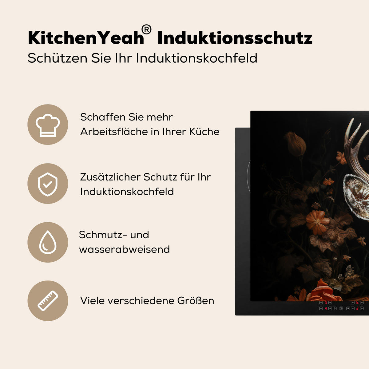 HERDABDECKPLATTE Hirsch - Tier - Blumen - Natur - Botanisch 85x52 cm - Kupferfarben, Kunststoff (85/0.2/52cm) - MuchoWow