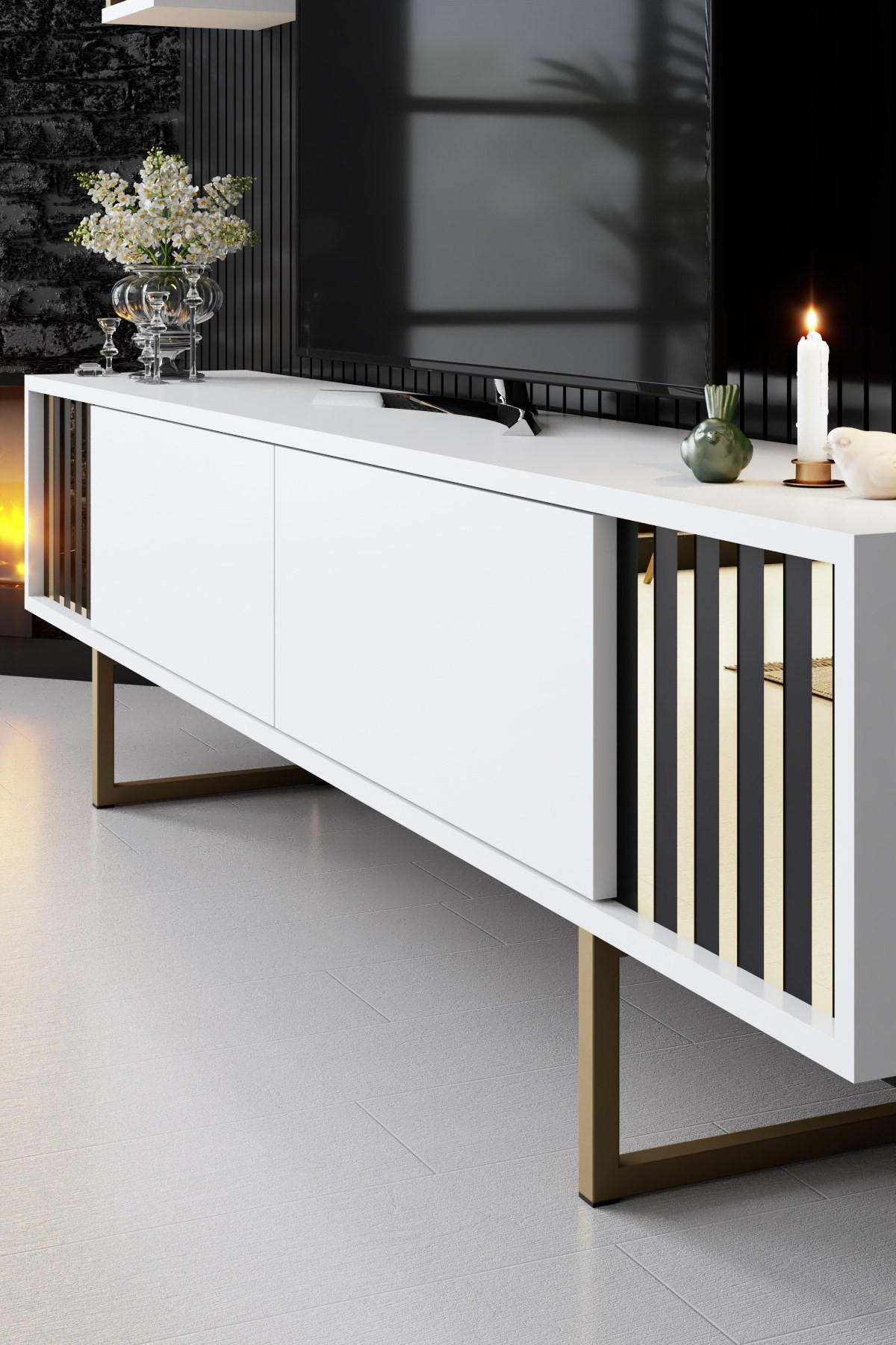TV-MÖBEL Gold Line Weiß-Schwarz - Schwarz/Weiß, Holz (180/48/30cm) - Habitat Garten