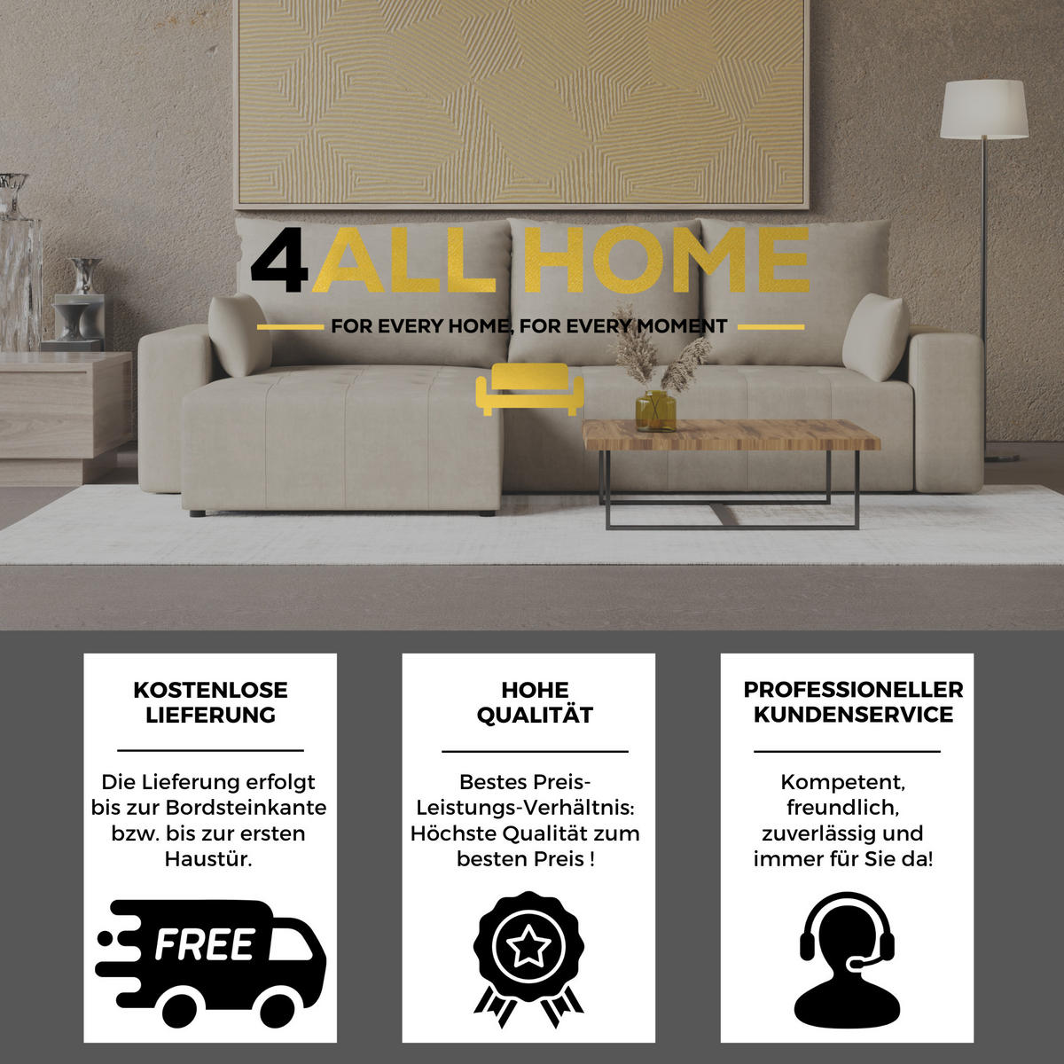 ECKSOFA Tico mit Bettkasten und Schlaffunktion, L-Form/XL-Form, Velourstoff, Universal - Beige, Holzwerkstoff (276/145cm) - 4ALL HOME