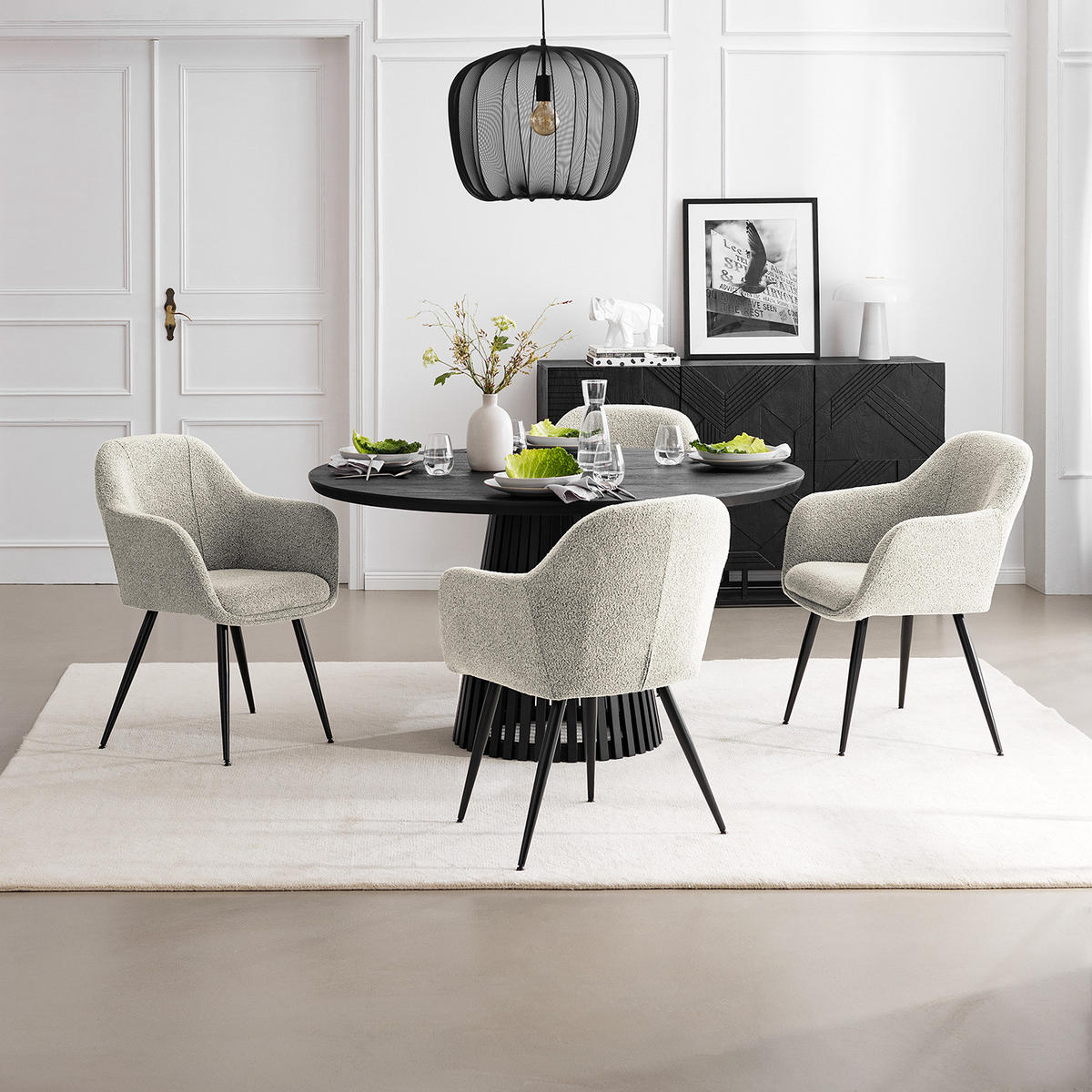 POLSTERSTUHL - Bouclé / Edelstahl, 2er-Set - Beige/Schwarz, Textil (56/84/47cm) - home24