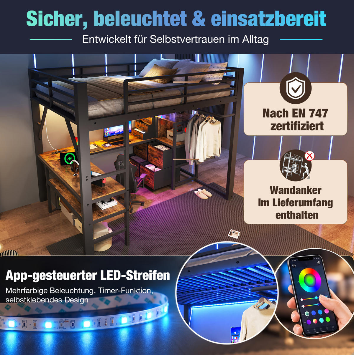 HOCHBETT aus Metall und MDF 140x200 cm Vintage-Braun-Schwarz mit Schreibtisch, LED und 7 Stoffschubladen - Schwarz, Metall (140/200cm) - Modfu