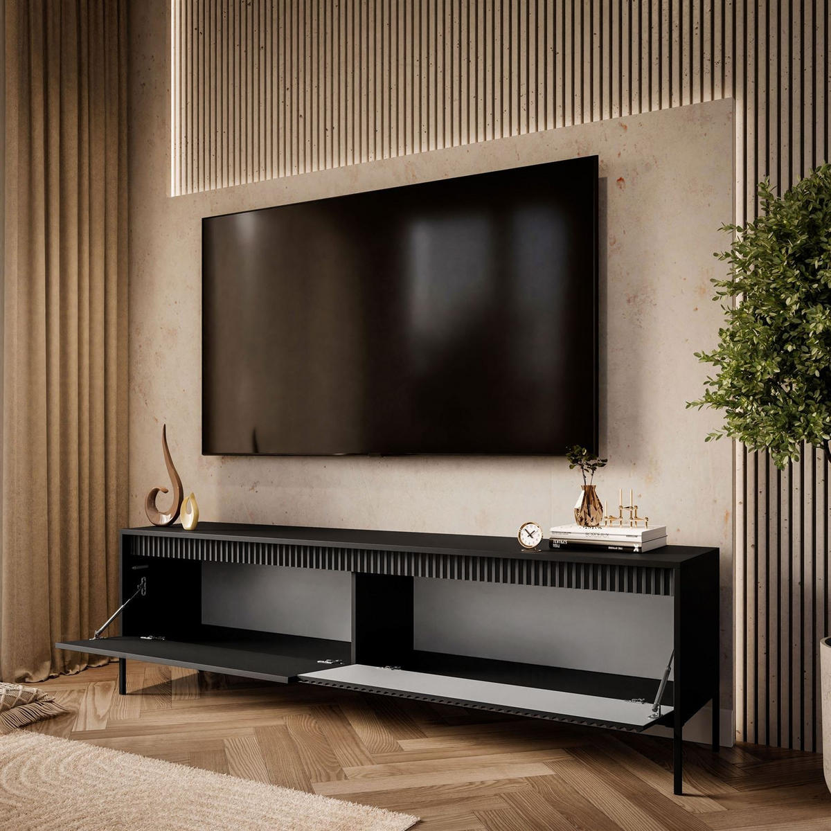 TV-ELEMENT YASUMI 187 cm schwarz matt - Schwarz, Holzwerkstoff (187.1/53.4/39.5cm) - Lookway