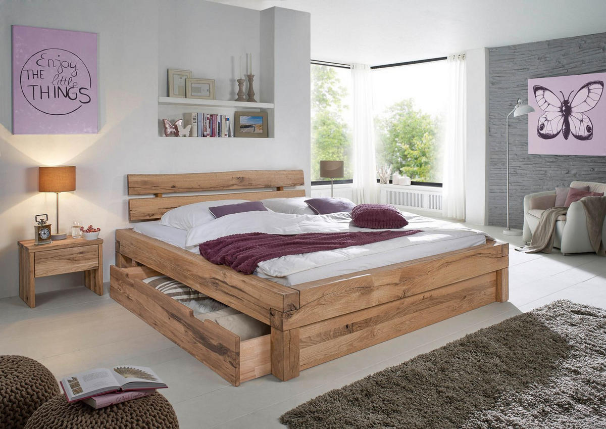 BETT mit Schublade Massivholz Wildeiche 180 x 200 x 85 beige BALKENMÖBEL #101 - Beige, Holz (180/200cm) - Massivmoebel24