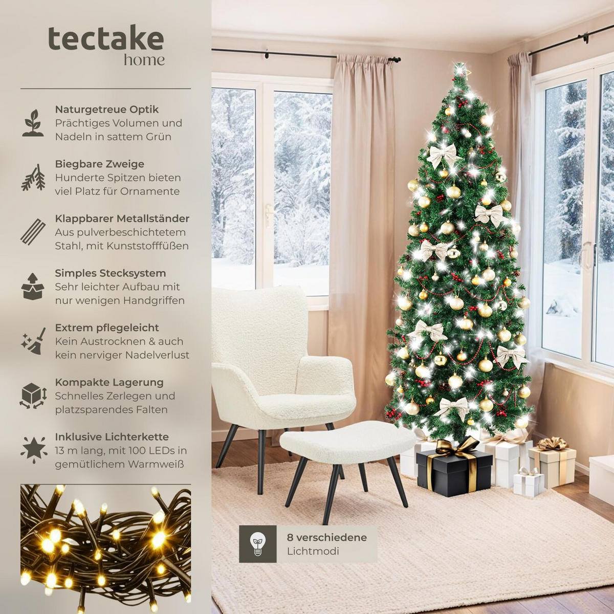 SET WEIHNACHTSBAUM MIT LICHTERKETTE ,pulverbeschichteter Metallständer mit Kunststoffkappen,grün - Grün, Kunststoff (150cm) - tectake