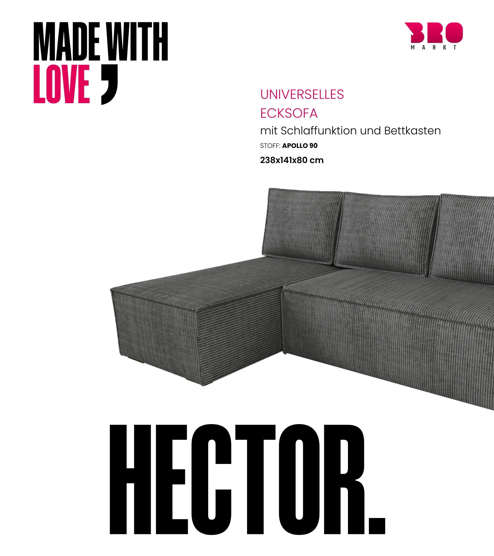 ECKSOFA Hector mit Schlaffunktion Grau Cord - Grau, Textil (200/141cm) - Bromarkt