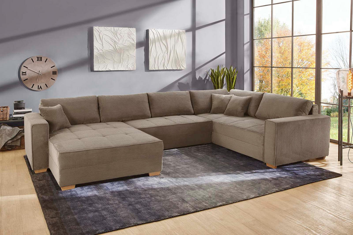 WOHNLANDSCHAFT Schlaffunktion Bettkasten Wellenunterfederung, spiegelverkehrt montierbar U-Form B379/T227/H86 cm, Cord Braun Taupe / 15197 - Taupe/Eichefarben, Holz/Textil (379/86/227cm) - luma-home