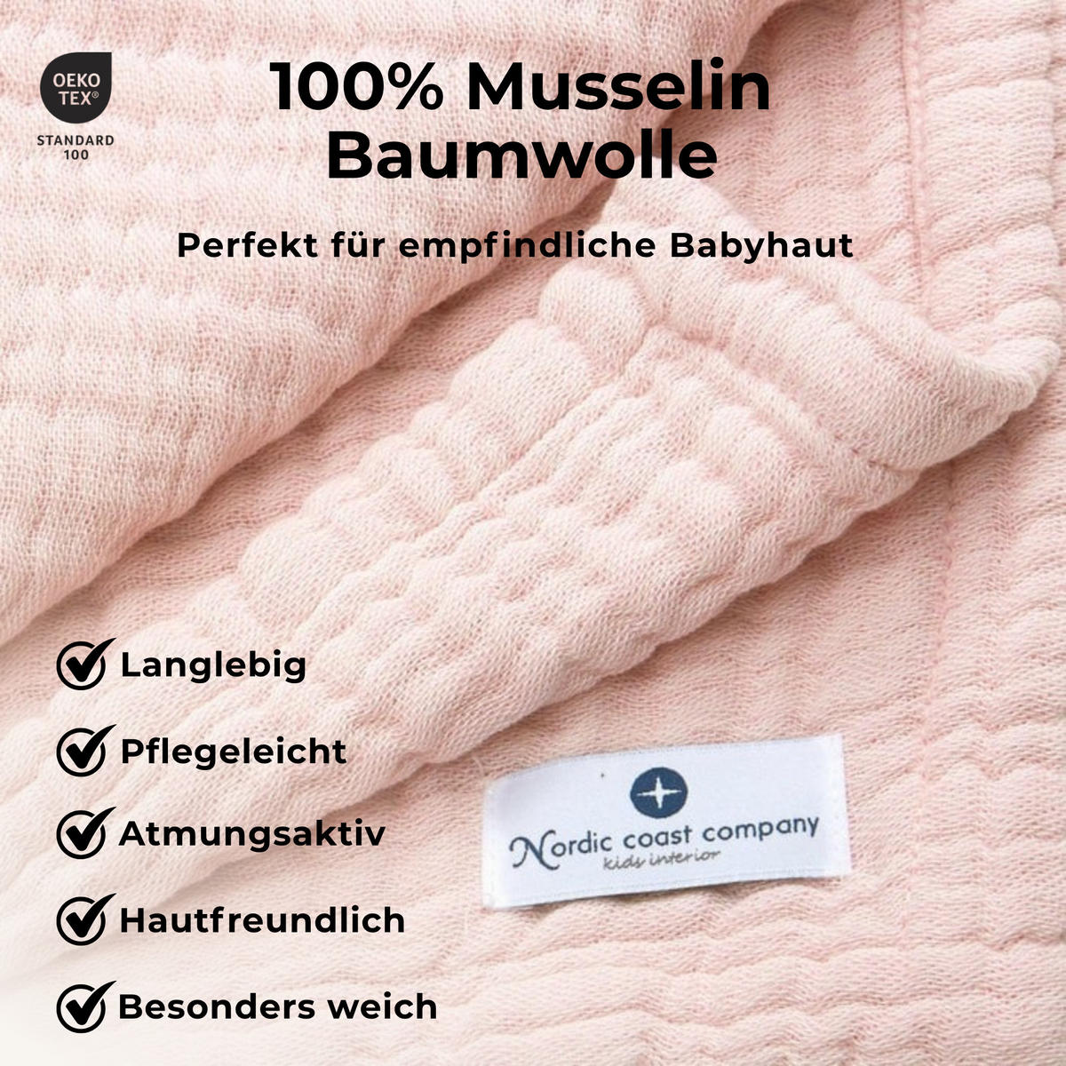 MUSSELINDECKE Babydecke Musselin Einschlagdecke Puckdecke Atmungsaktiv - Rosa, Textil (80/80cm) - nordic coast company