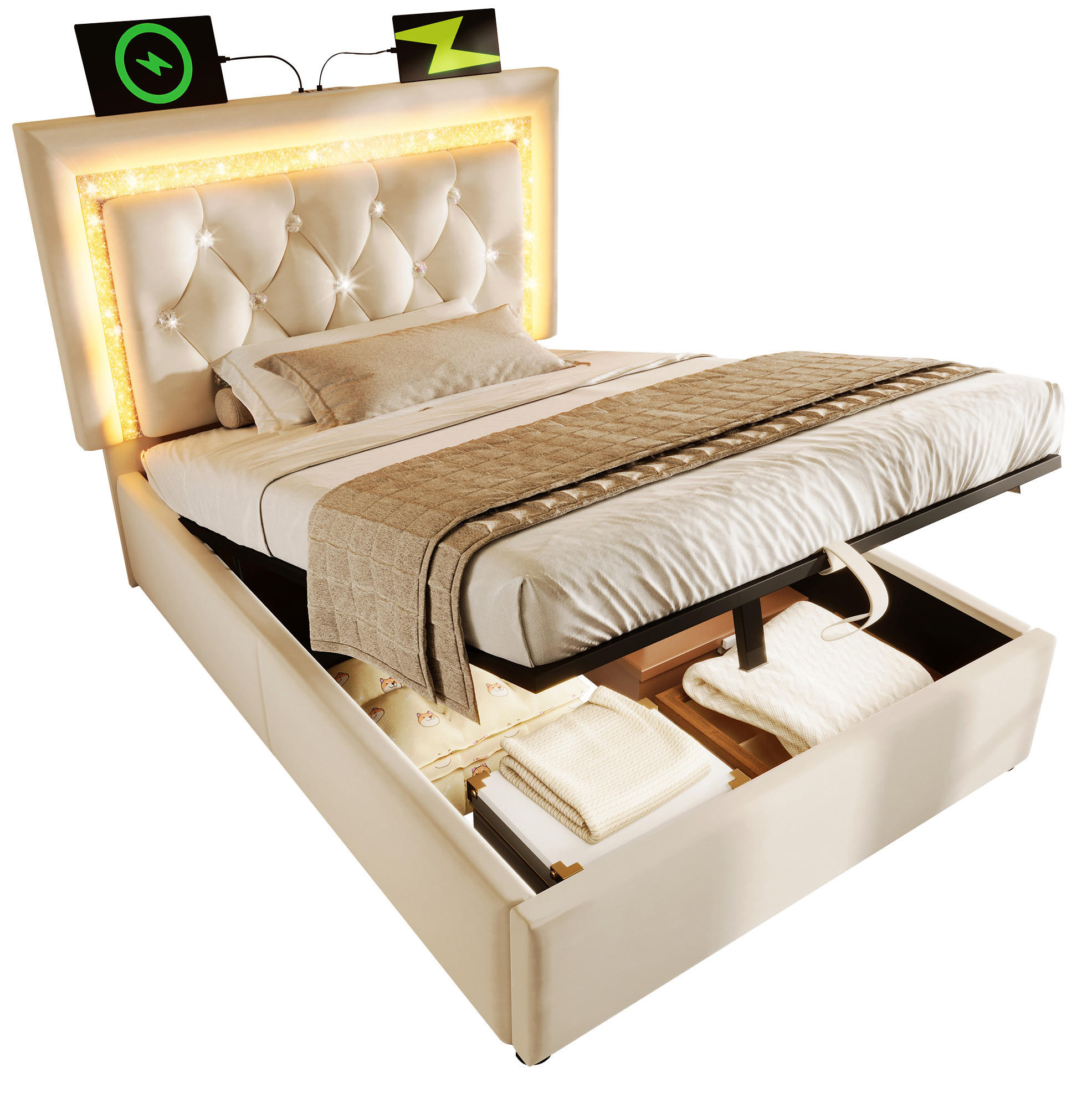 POLSTERBETT 90/200 cm mit LED-Beleuchtung, USB- und Type-C-Anschluss, hydraulischem Bettkasten, Samtbezug, Beige - Beige, Textil (90/200cm) - Redom