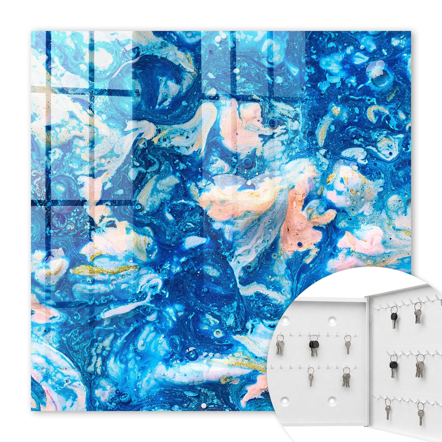 SCHLÜSSELBOX Weiß 30x30 cm – Türöffnung nach rechts - Bunte Wirbel - Blau, Metall (30/30/5cm) - TULUP