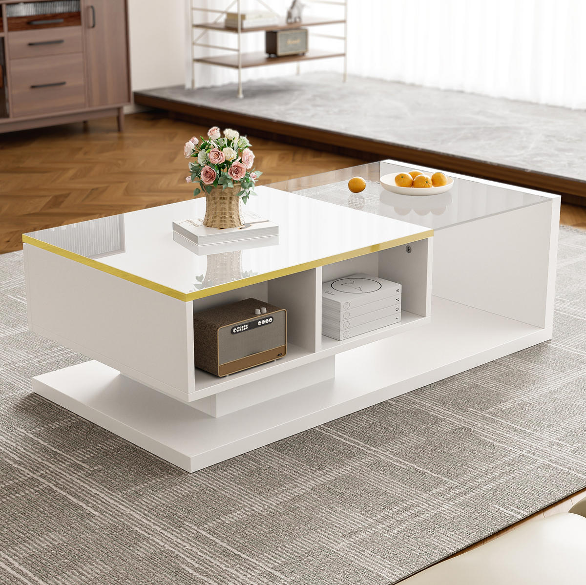 COUCHTISCH 100/50/32,5 cm in Weiß mit LED-Beleuchtung und Glasplatte - Weiß, Holzwerkstoff (100/50/32.5cm) - Flora Grace