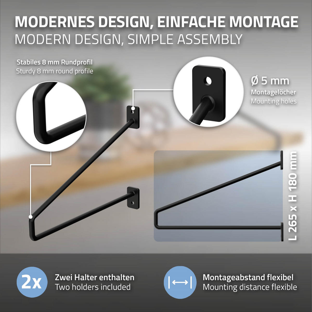 REGALHALTERUNG 2er Set 265mm Schwarz - Schwarz, Metall (18/2.3/26.5cm) - ML-DESIGN