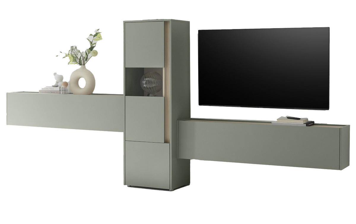 WOHNWAND 3-teilig in Salbei grün, Barista Eiche 350, Komplett-Set mit viel Stauraum - Salbeigrün/Eichefarben, Glas/Holzwerkstoff (350/155/40cm) - Furn.Design