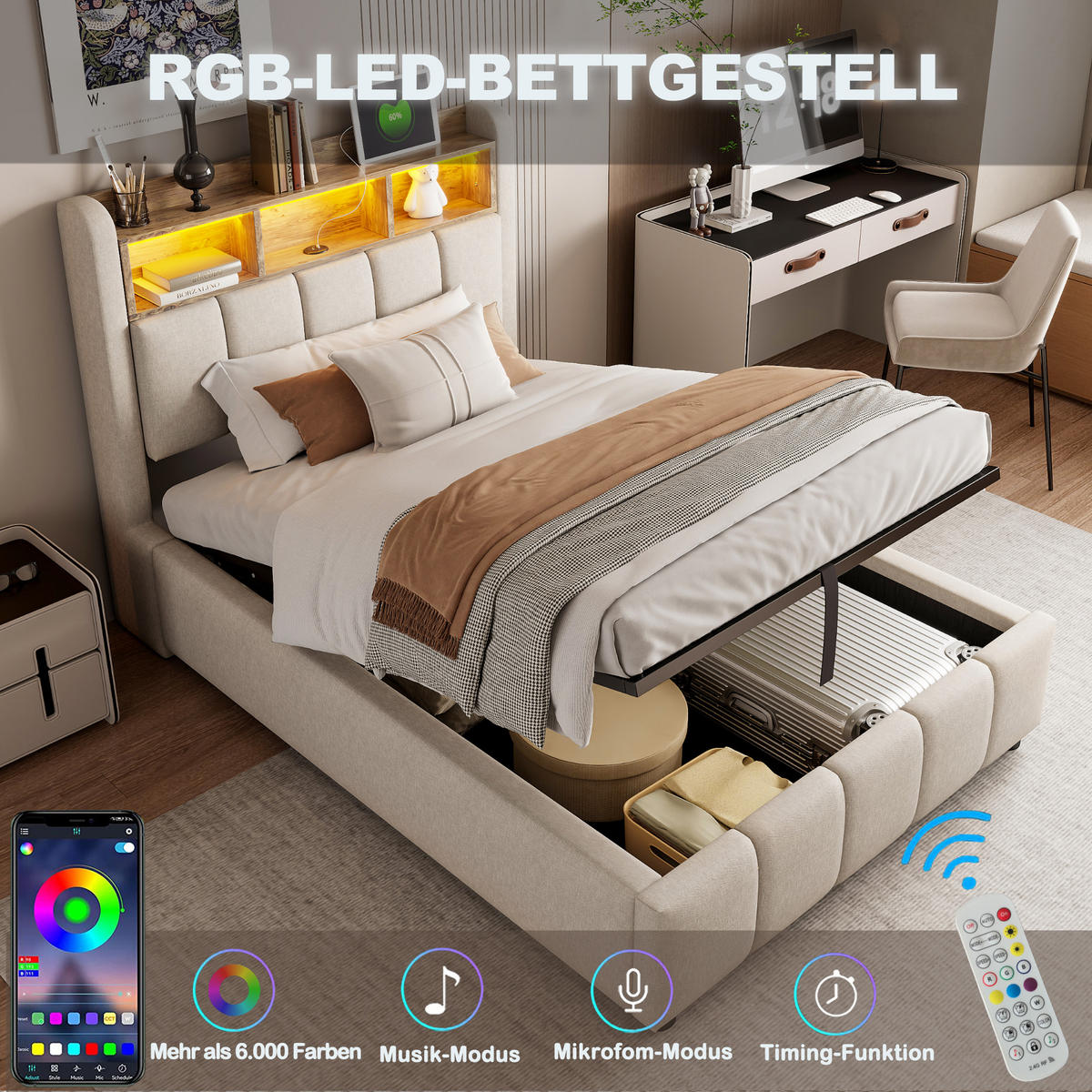 POLSTERBETT 90x200 cm LED USB Stauraum beige - Beige, Textil (90/200cm) - LEBENLANG