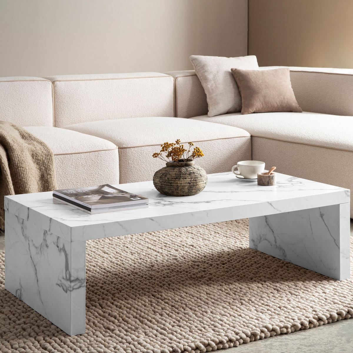 COUCHTISCH in Beton-Optik, zeitloses Design, rechteckig, schlicht, Weiß 110x55x35 cm - Weiß, Holzwerkstoff (55/110/35cm) - KADIMA DESIGN