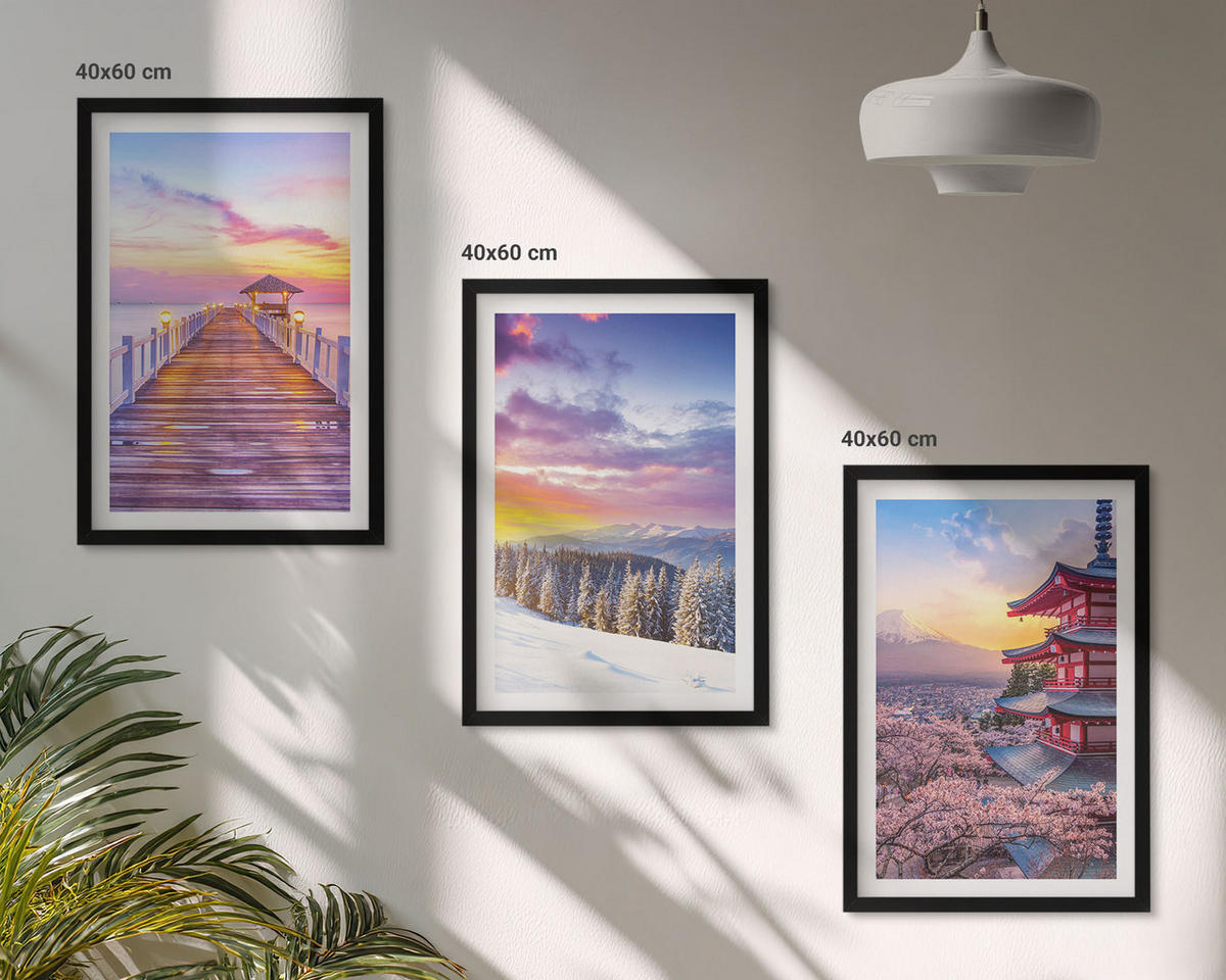 BILDER SET 3er Set - 40x60 cm Schwarzer Rahmen - Romantische Himmelslandschaften - Schwarz, Kunststoff (40/60cm) - TULUP