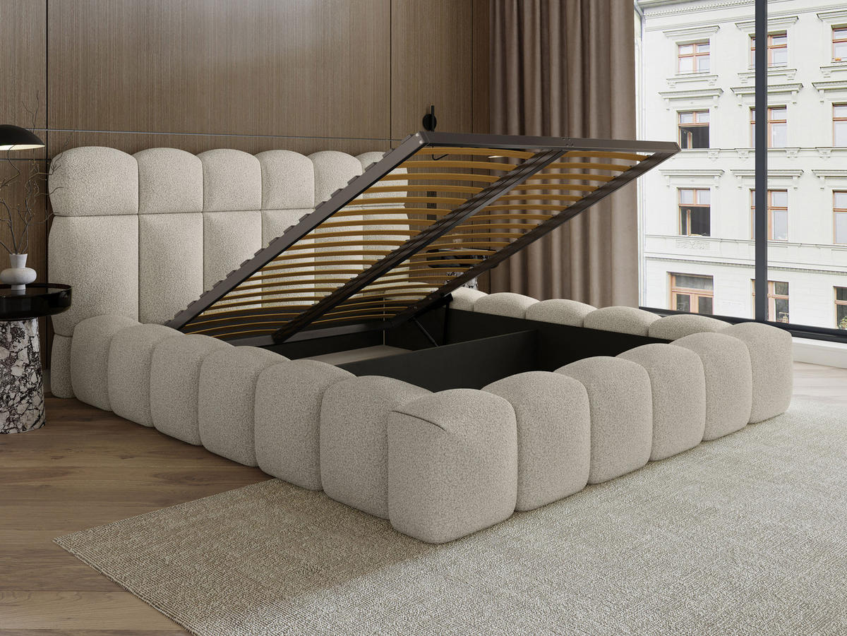 POLSTERBETT Mira XL Hellbeige 180/200 cm Boucle mit Bettkasten - Champagner, Textil/Metall (180/200cm) - wonello