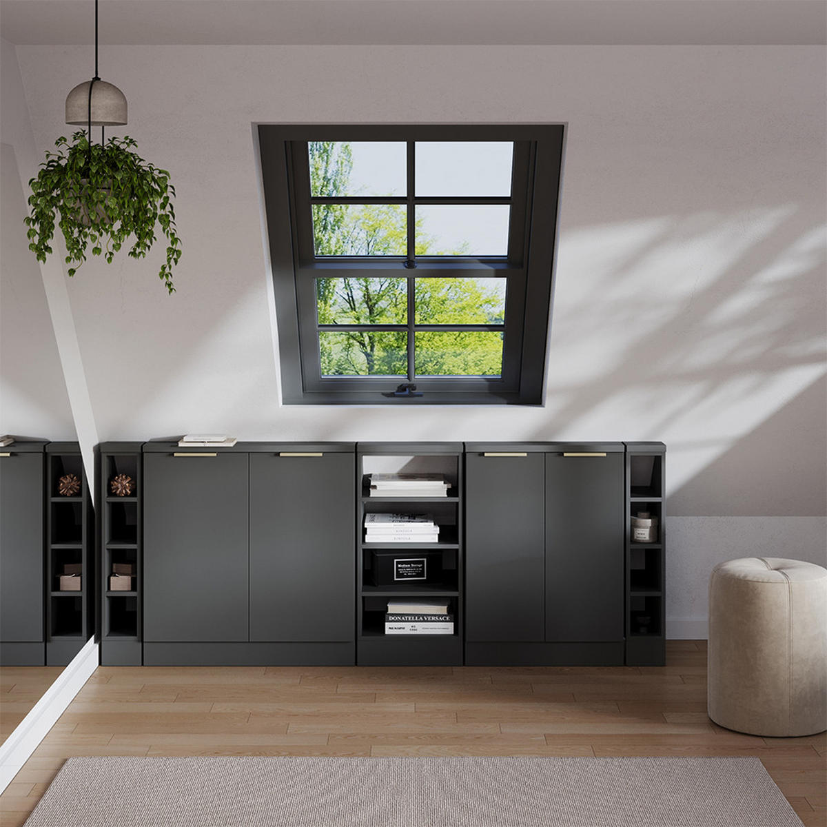 ŠATNÍ SESTAVA PRO ŠIKMÉ STŘECHY Rion Antracitově zlatý - antracitová, kompozitní dřevo (210/81.6/46cm) - Vicco