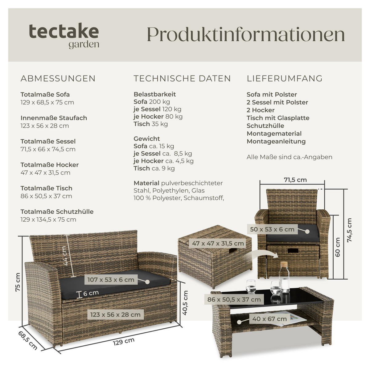 RATTAN SITZGRUPPE Modena,inklusive Staufach und Schutzhülle,natur - Naturfarben, Kunststoff - tectake
