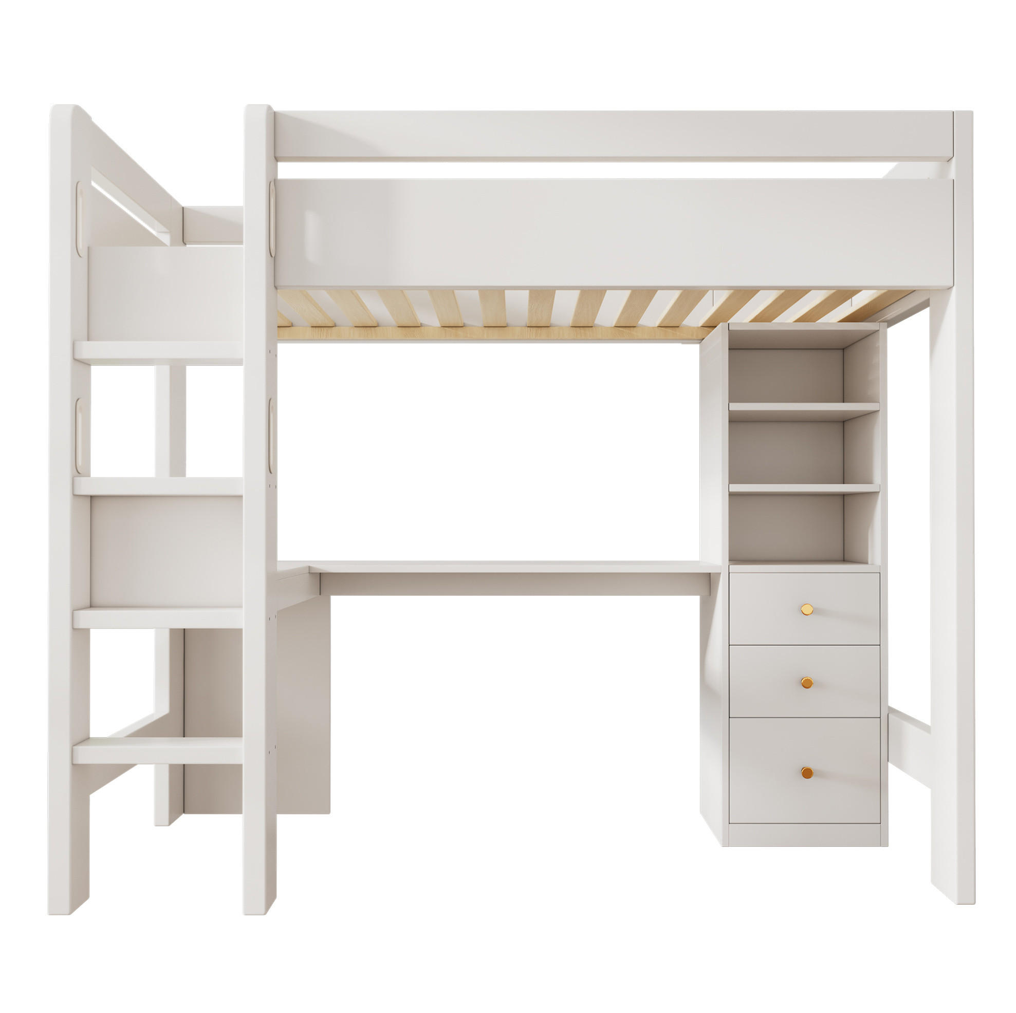 HOCHBETT 90/200 cm aus Holzwerkstoff und Massivholz mit Schreibtisch, Regalen, Schubladen und USB/Typ-C Weiß - Weiß, Holzwerkstoff (90/200cm) - Modenvie