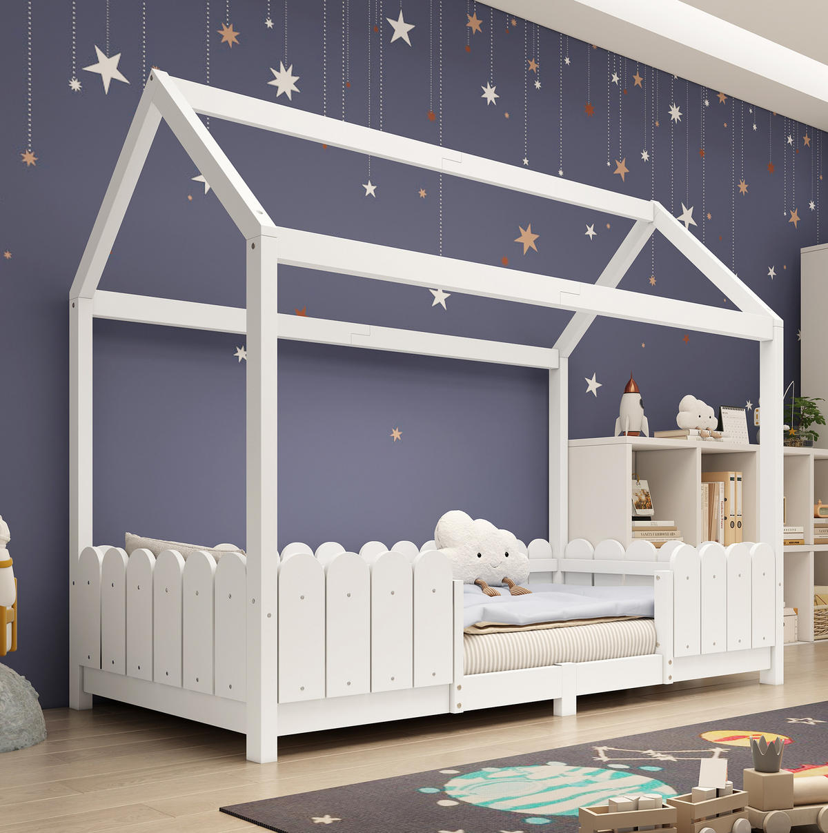 KINDERHAUSBETT 90/200 cm mit Rausfallschutz und Lattenrost aus Massivholz, Weiß - Weiß, Holz - Redom