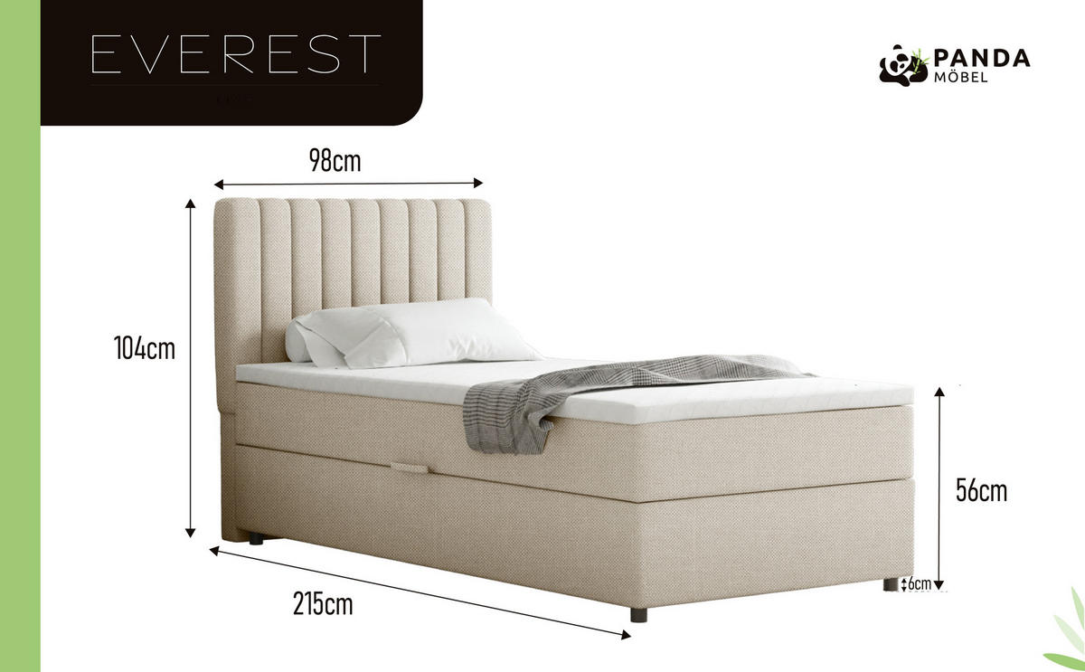 BOXBETT Everest 90 x 200 cm Einzelbett mit hochwertiger Bonell-Matratze und Topper - Beige, Holz (90/200cm) - Panda Möbel