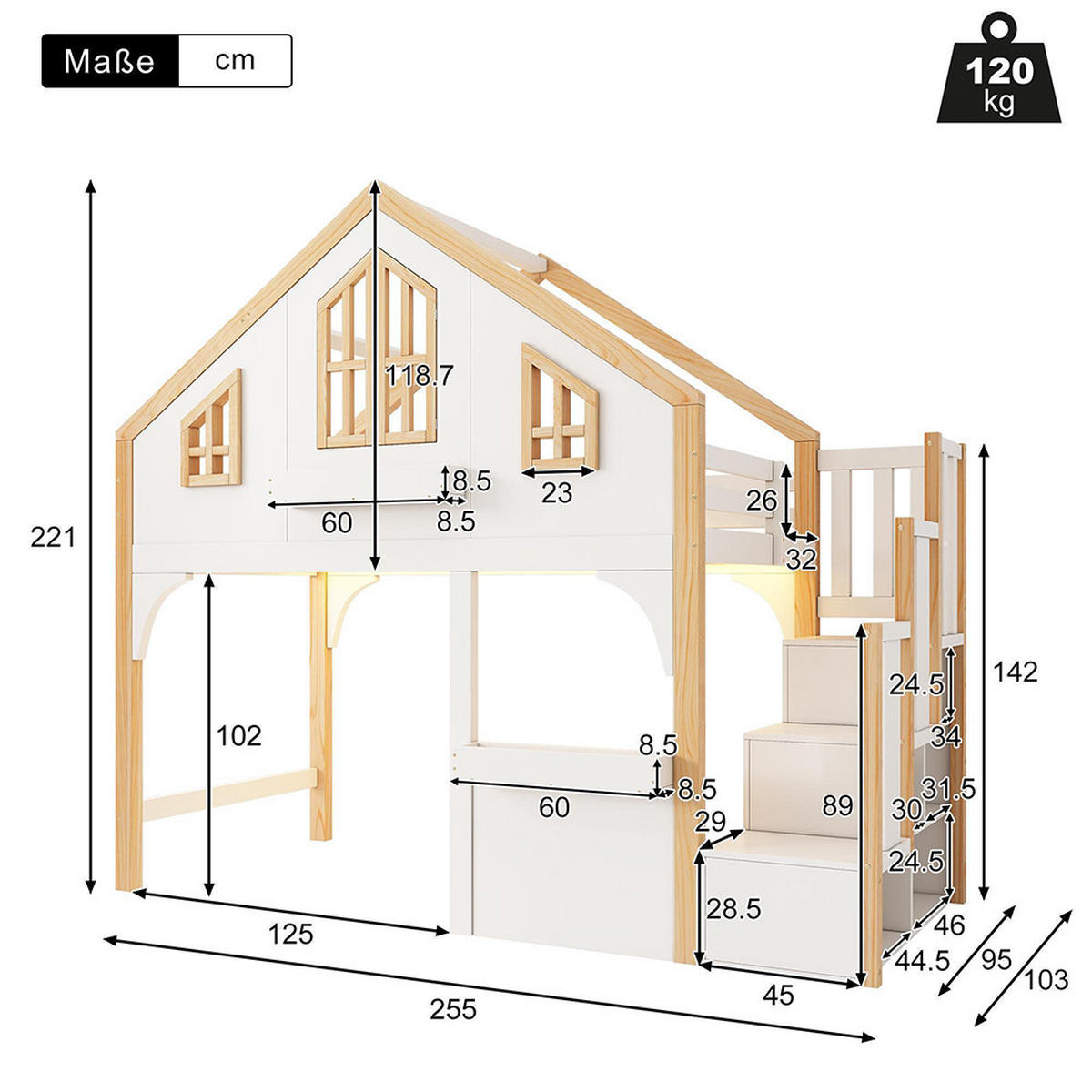HAUSBETT 90x200cm mit LED und Stauraumtreppe in Weiß+Naturfarbe - Weiß, Holz (90/200cm) - KOMHTOM