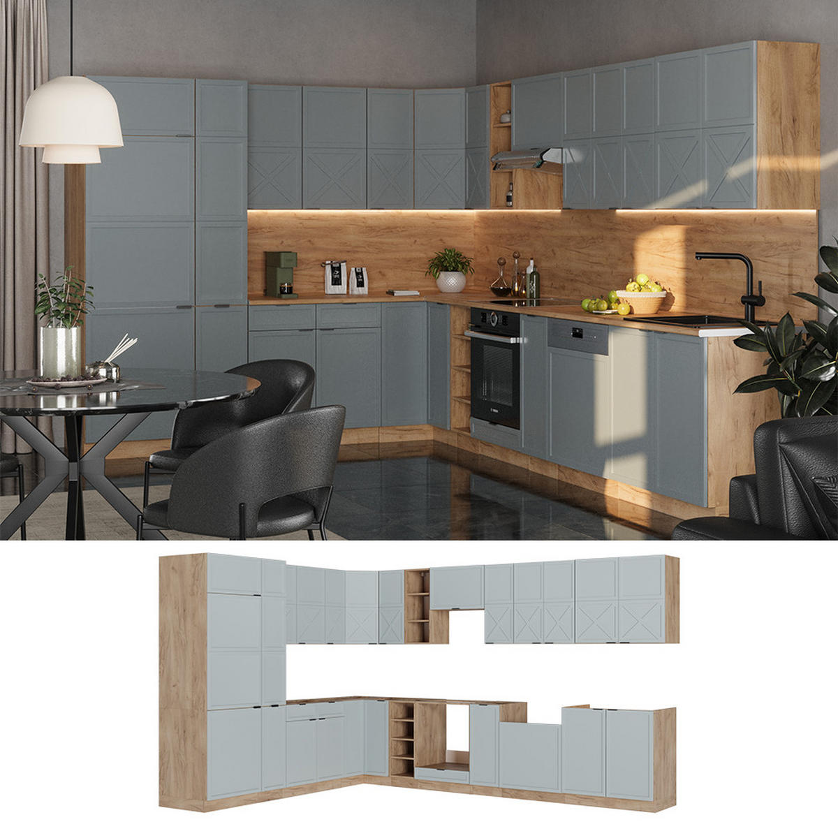 ECKKÜCHE Fame-Line Hellblau-grau/Goldkraft Eiche 347 x 257 cm ohne AP - Honigeiche/Hellblau, Holzwerkstoff (347/81.6/46cm) - Vicco