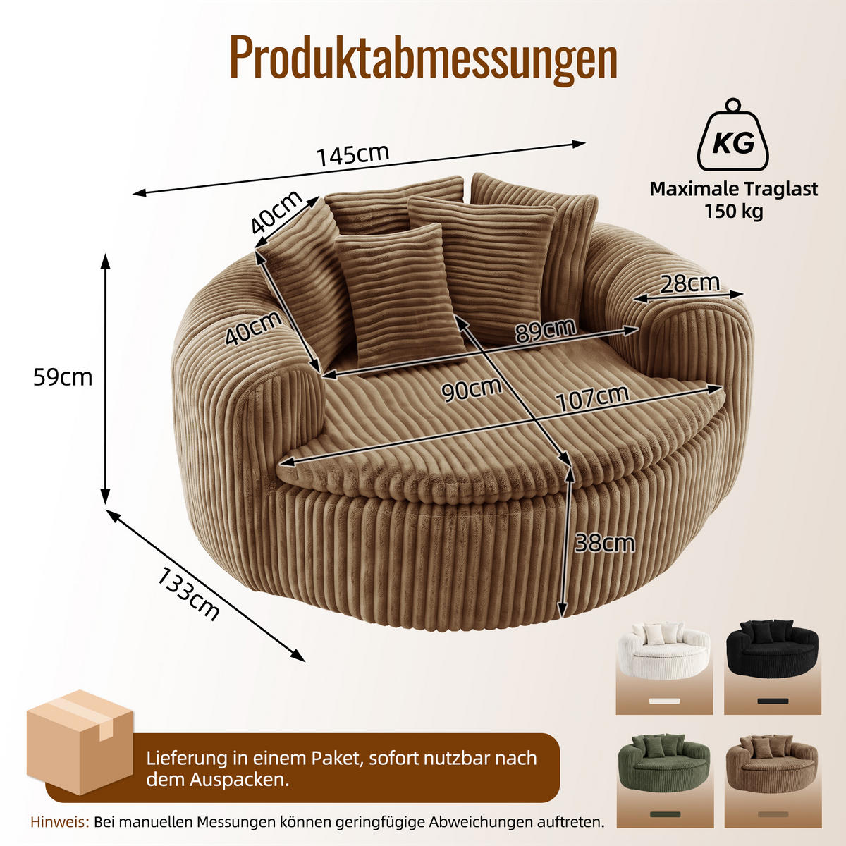 SITZSACK Cord Extrabreit mit 5 Kissen - Sandfarben, Textil (145/59/133cm) - Urban Meuble