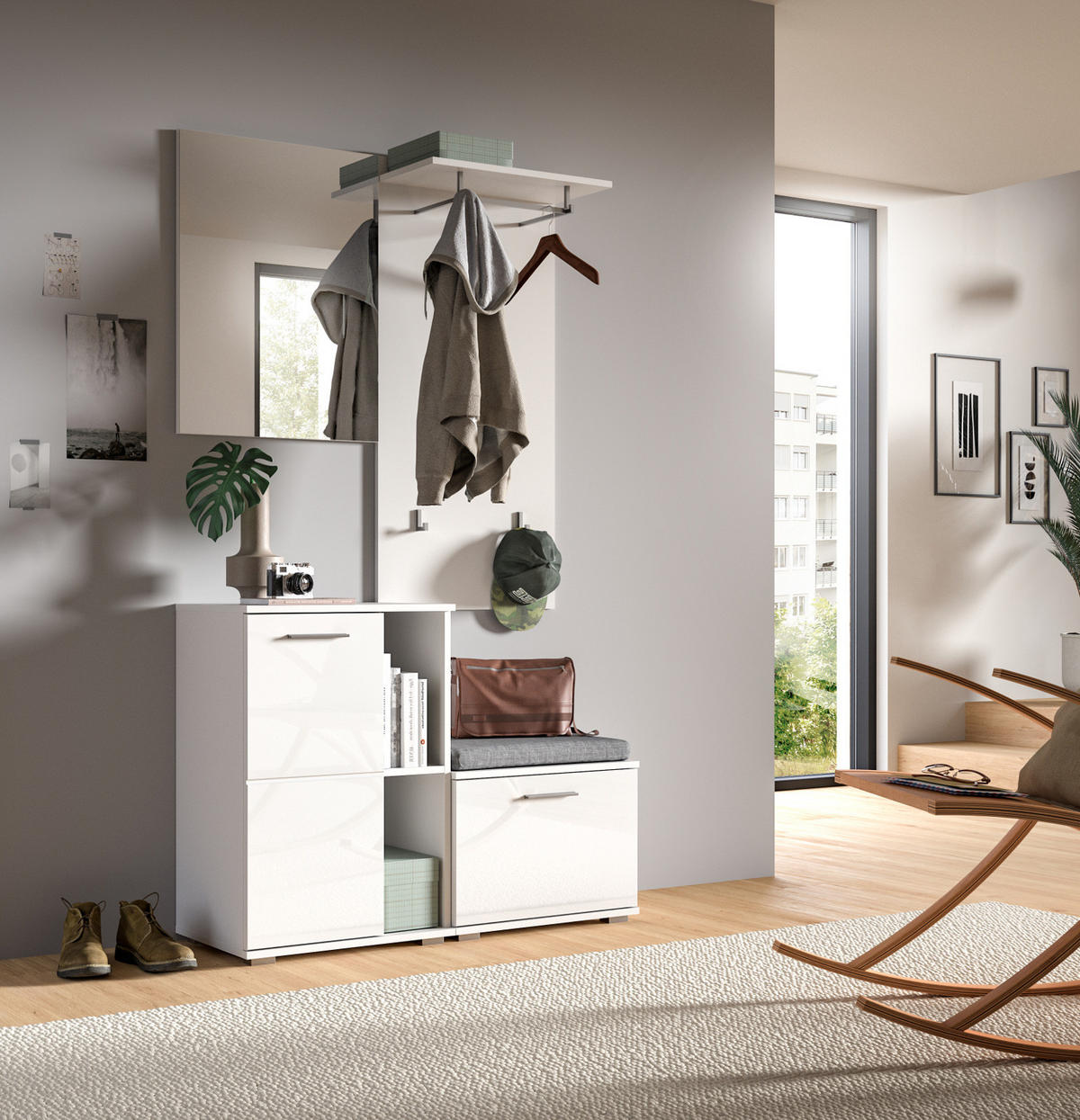 GARDEROBE Set 4-teilig weiß Hochglanz 110 cm, Kombination mit viel Stauraum - Weiß Hochglanz/Silberfarben, Glas/Holzwerkstoff (110/191/37cm) - Inn.Furn