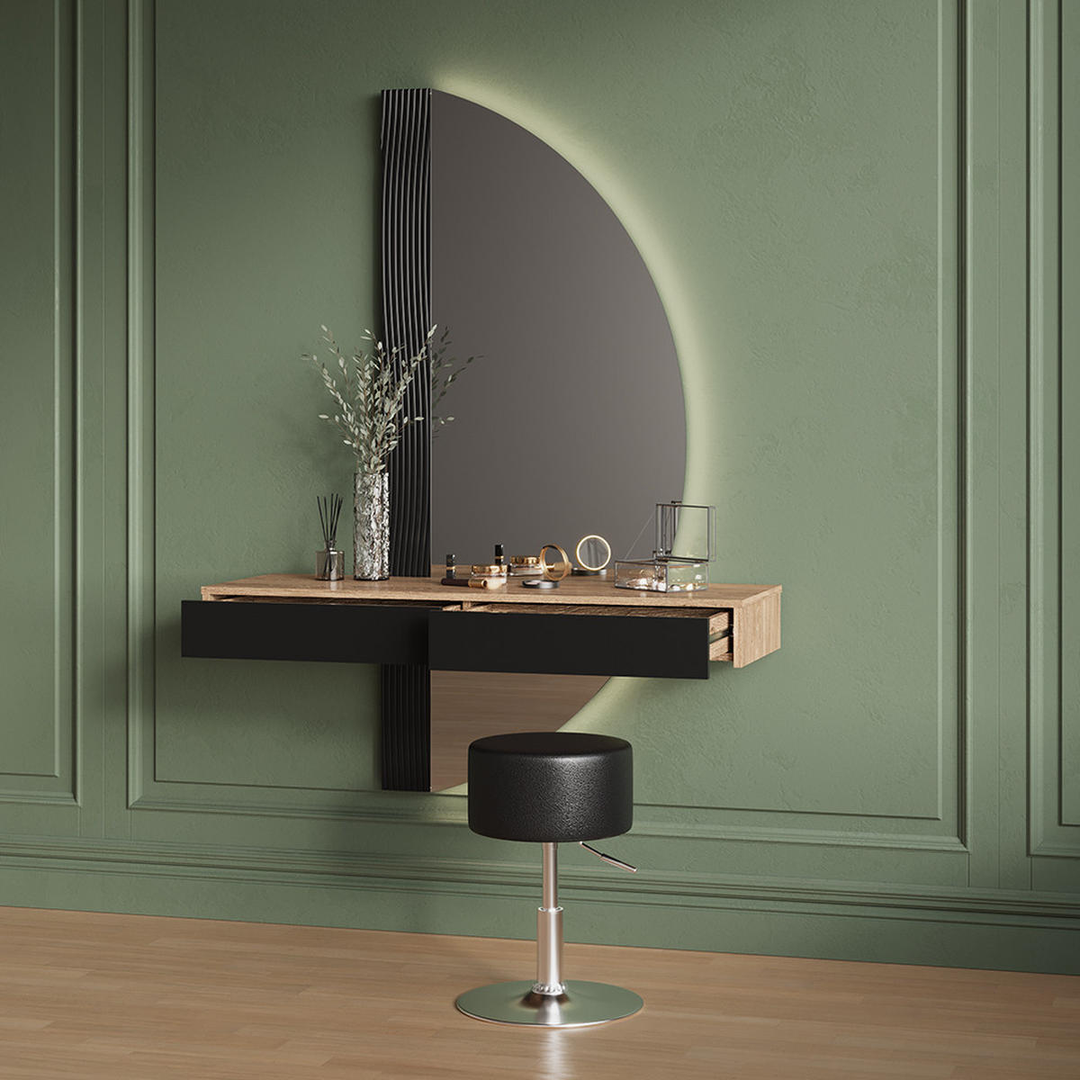 SCHMINKTISCH Ascona Schwarz mit Beleuchtung und Hocker - Eichefarben/Schwarz, Holzwerkstoff (120/161.1/40cm) - Livinity®