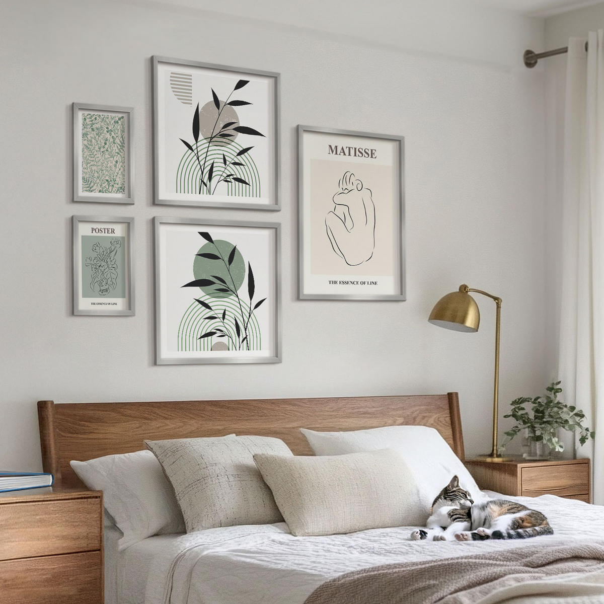 BILDER SET 5er Set - 50x50 cm & 20x30 cm & 40x60 cm Silberner Rahmen - Linien, Pflanzenmuster, Minimalismus - Silberfarben, Kunststoff (40/60cm) - TULUP