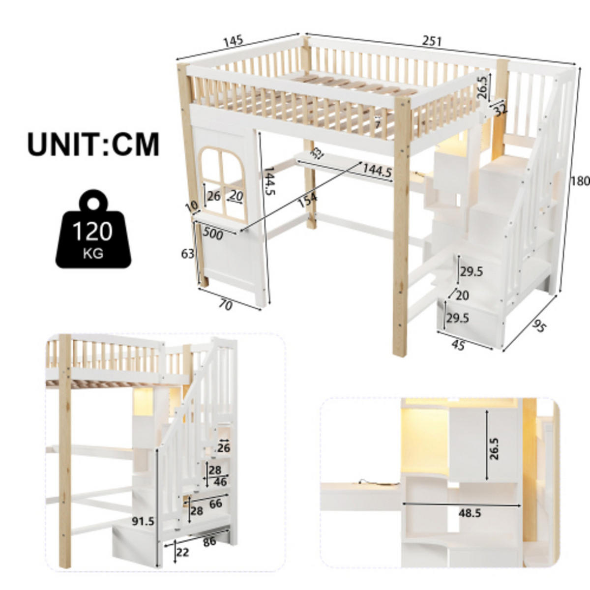 HOCHBETT 140 × 200 cm aus Kiefernholz mit Spielhaus-Unterbau, LED-Leiste und Stauraumleiter, weiß-natur - Weiß, Holz - Luhomfu