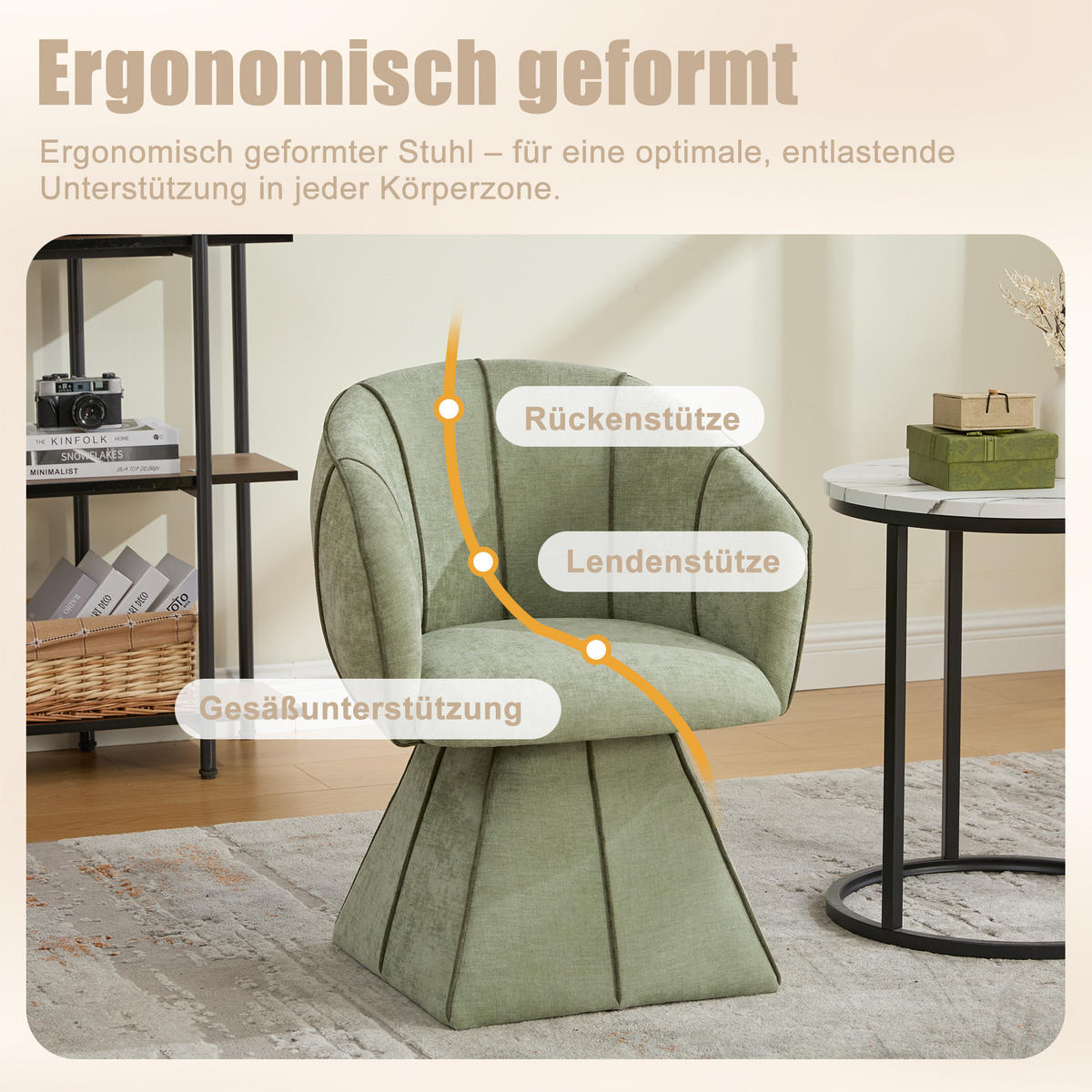 DREHSTUHL 360° Chenille Ergonomischer Sessel Wohnzimmer & Schlafzimmer - Olivgrün, Textil (56/74.5/54cm) - Urban Meuble