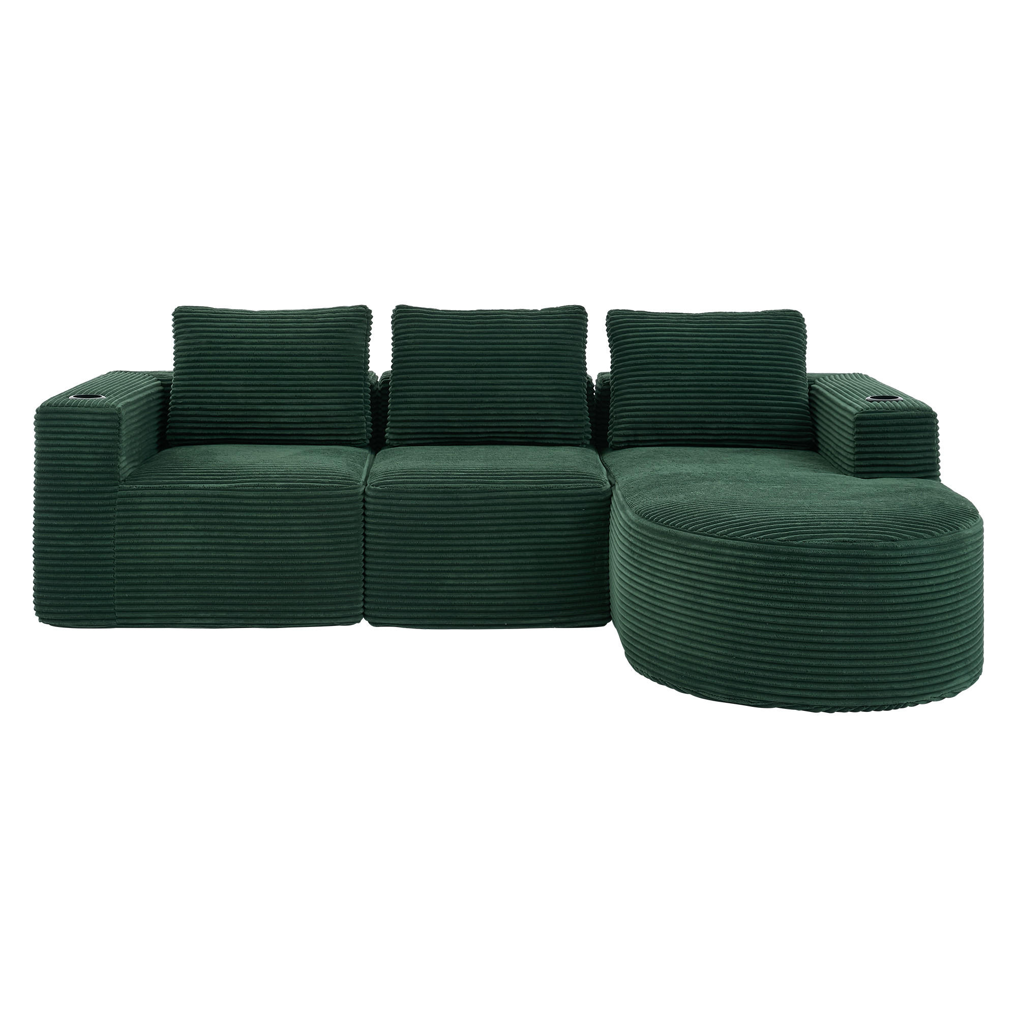 2-SITZER ECKSOFA Cord Retrogrün mit 3 Kissen und 2 Becherhalter - Jadegrün, Textil (265/176cm) - WISHDOR
