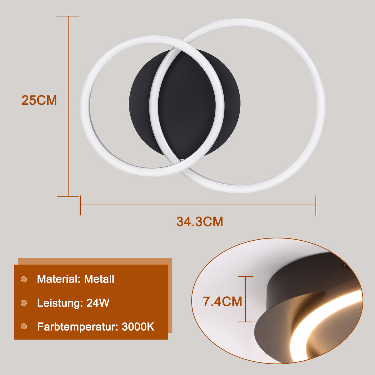 LED-DECKENLEUCHTE Lünen 34.3/25/7.4 cm - Schwarz, Metall (34.3/25/7.4cm) - Nettlife