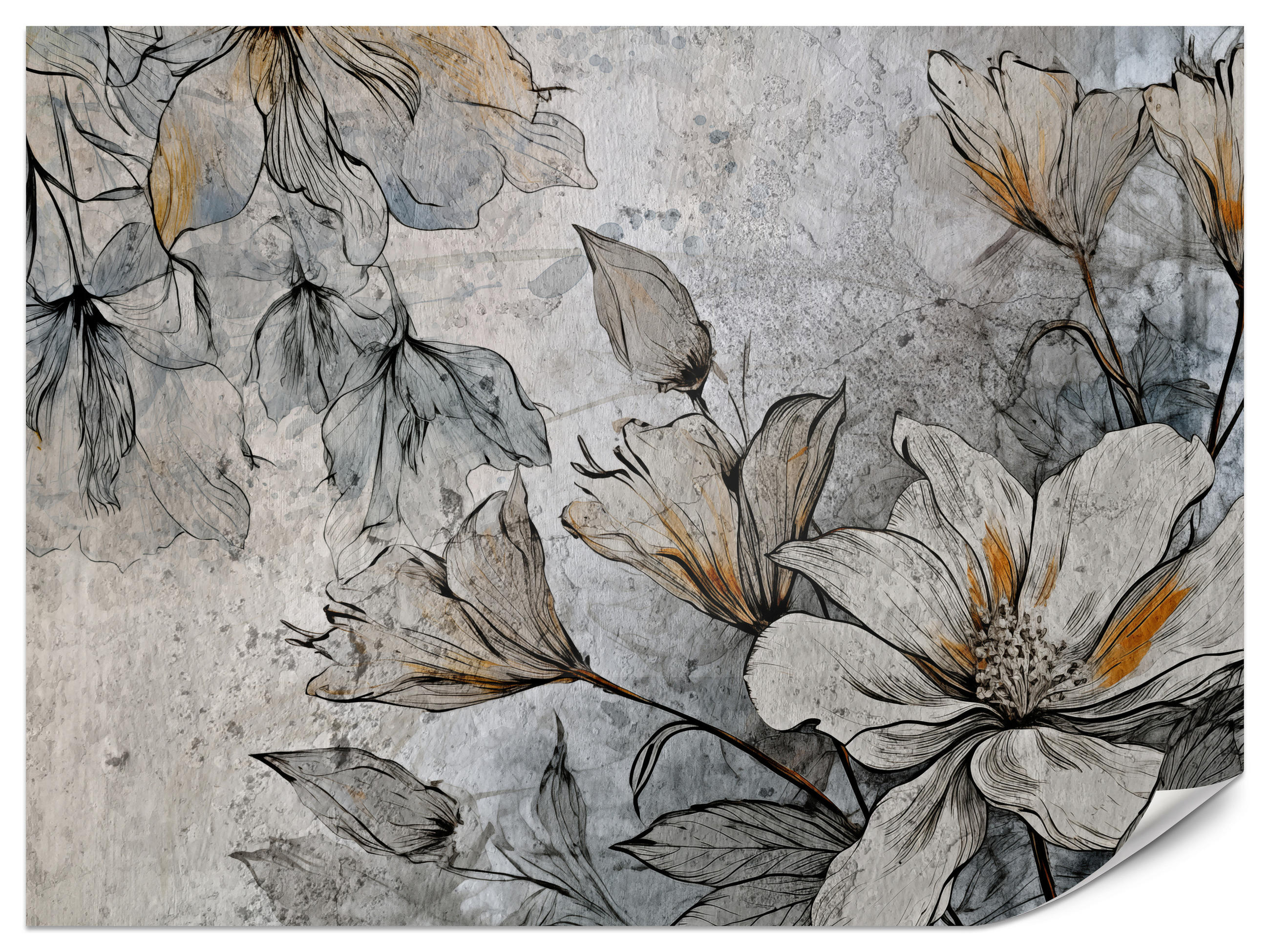 FOTOTAPETE für Büro Blumen Blätter Betongrund Vintage Pflanzen 350x256 - Grau, Papier (350/256cm) - Muralo