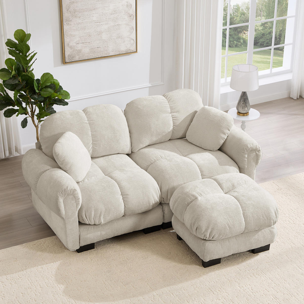 SOFA Modulares Ecksofa mit Ottomane Chenille Hell Khaki - Hellbraun, Holz (149/190cm) - Meubliv