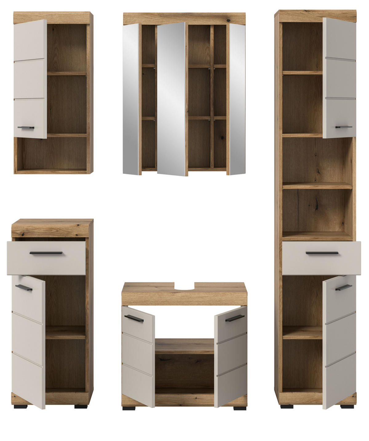 BADMÖBEL-SET Sand Kashmir, Evoke Eiche, Badkombination 164 cm 5-teilig - Kaschmir/Eichefarben, Glas/Holzwerkstoff (164/191/34cm) - Inn.Furn