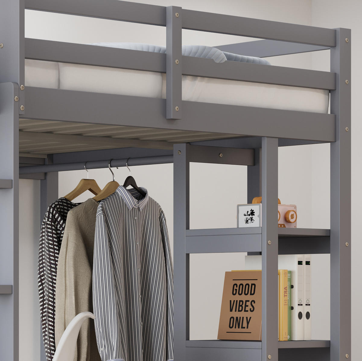 HOCHBETT 140/200 cm Grau mit Tisch und Regalen aus Massivholz - Grau, Holz (140/200cm) - OKWISH