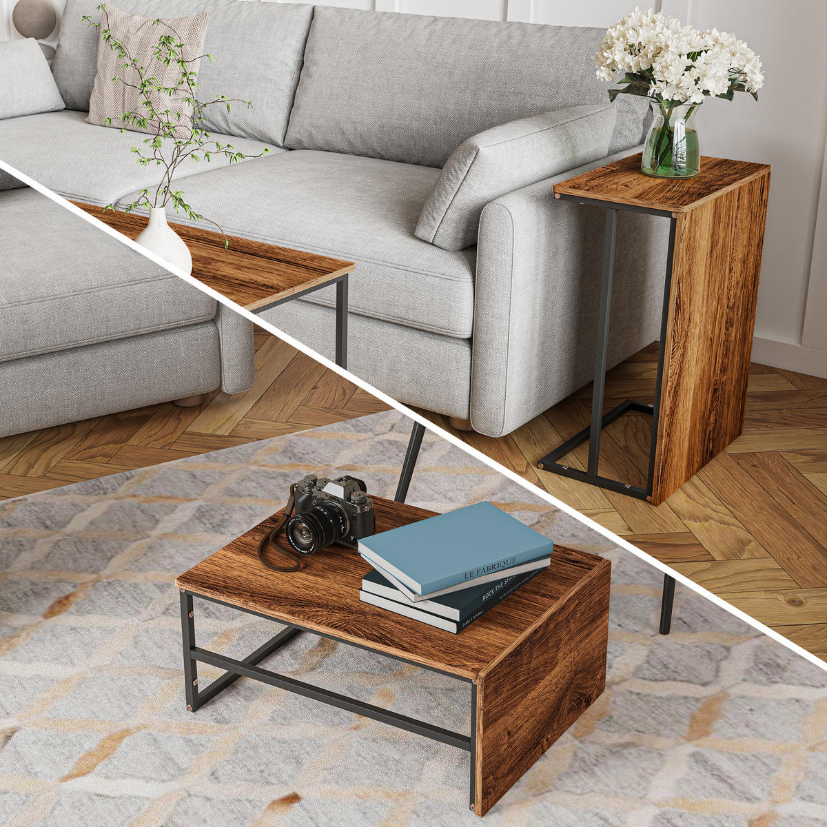 2ER SET COUCHTISCH Holzoptik - Braun, Metall (105/52/48.5cm)